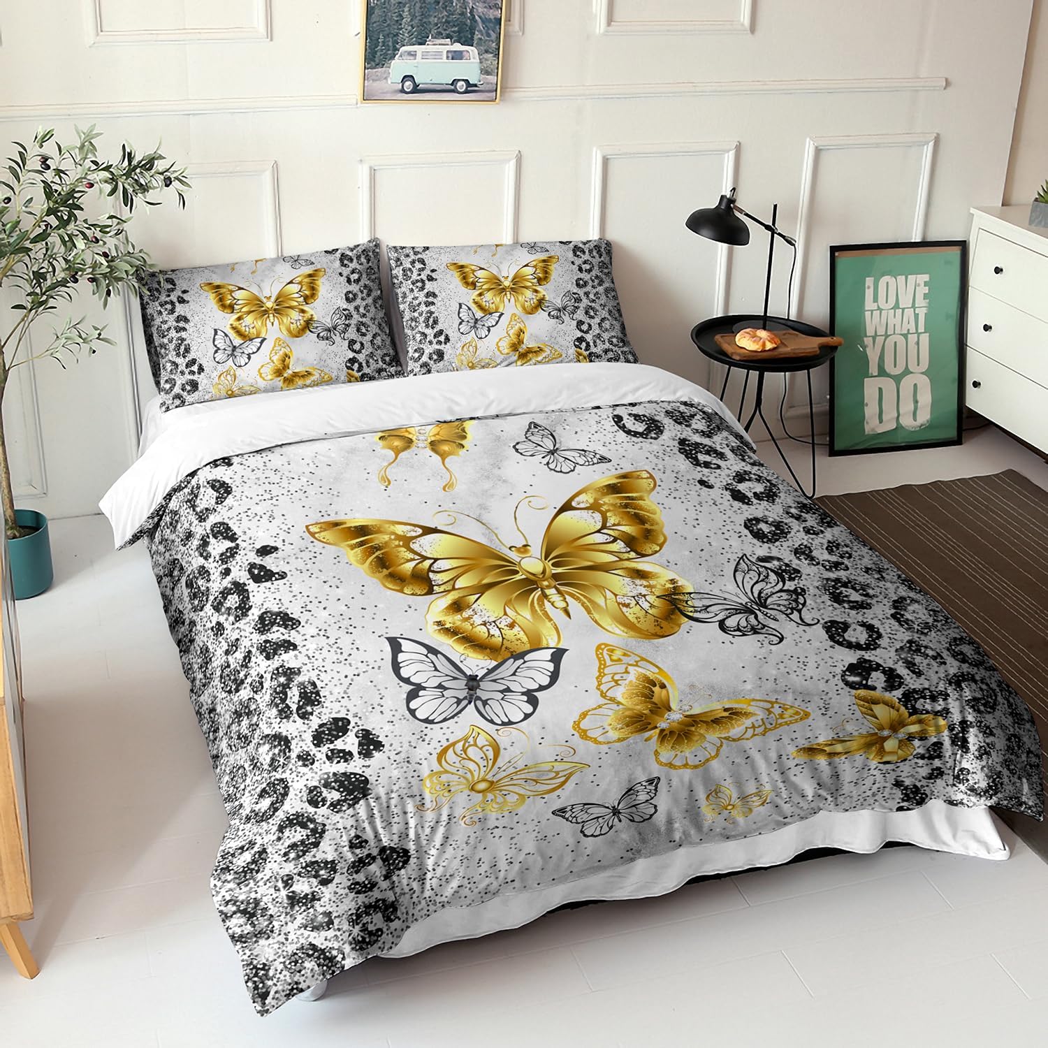 AILONEN Hermoso juego de funda de edredón de mariposa, tamaño Queen, juego de ropa de cama de mariposa dorada, juego de funda de edredón gris