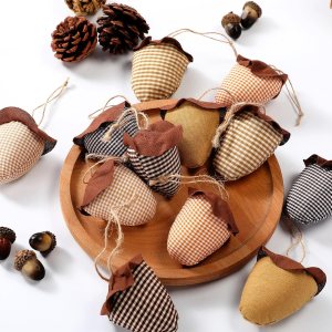 12 piezas de decoración de otoño de Acción de Gracias, tela a cuadros, bellotas y calabazas, adornos colgantes de bandeja de otoño, decoración de 12 piezas de decoración de otoño de Acción de Gracias, tela a cuadros, bellotas y calabazas, adornos colgantes de bandeja de otoño, decoración de