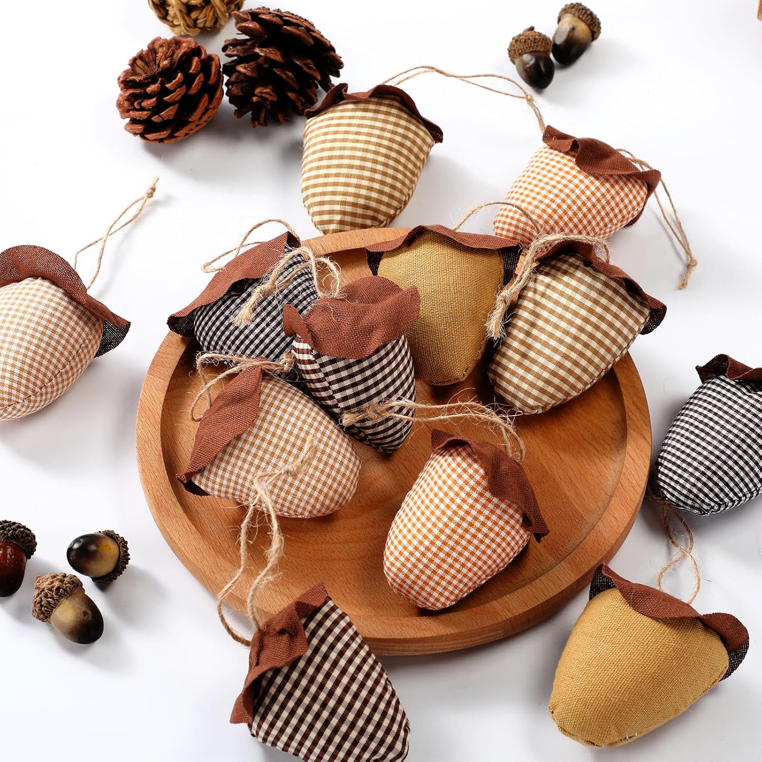 12 piezas de decoración de otoño de Acción de Gracias, tela a cuadros, bellotas y calabazas, adornos colgantes de bandeja de otoño, decoración de