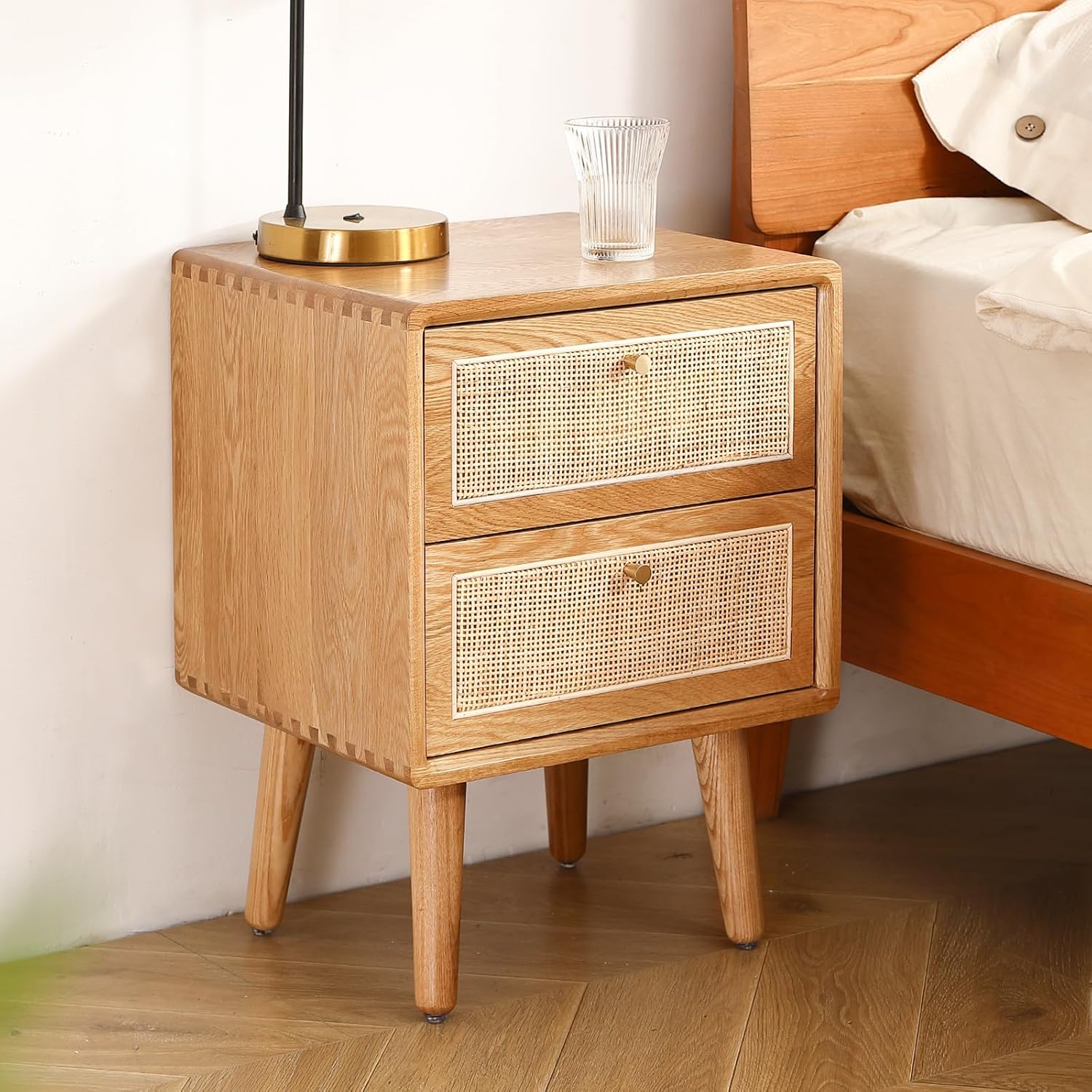 Olusmane Nightstand Easy Assembly Solid Oak Wood Mid Century Modern Night Stand with 2 Rattan Drawers Small Bedside Table Sturdy & Durable 15.75″ L
