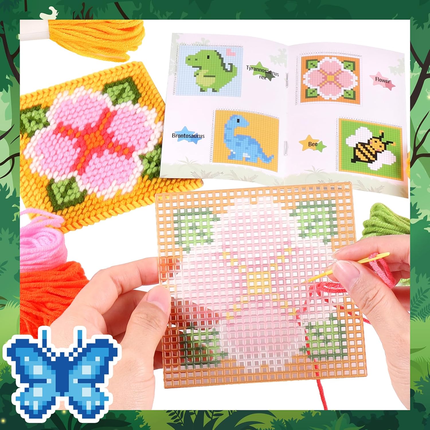 Pllieay Kit para principiantes de punto de cruz 10 en 1 para niños, kit de bordado incluye 10 piezas de lona de malla de plástico con patrón, 15