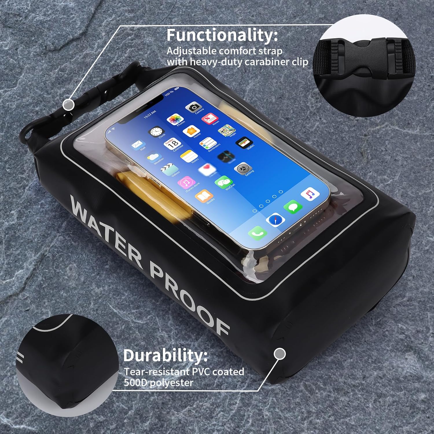 Bolsa seca impermeable IP68, 2L  Bolsa impermeable enrollable para piscina, bolsas secas para kayak resistente al agua con bolsa para teléfono,
