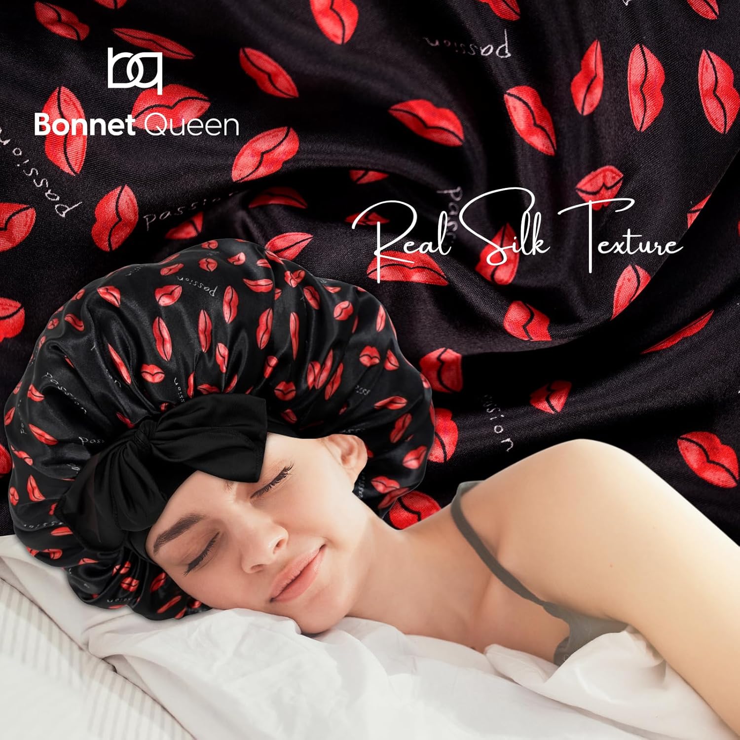 Bonnet Queen – Gorro de satén de seda ajustable para dormir, con banda de amarre ancha y elástica, envolvente, para mujeres de cabello largo, rizado