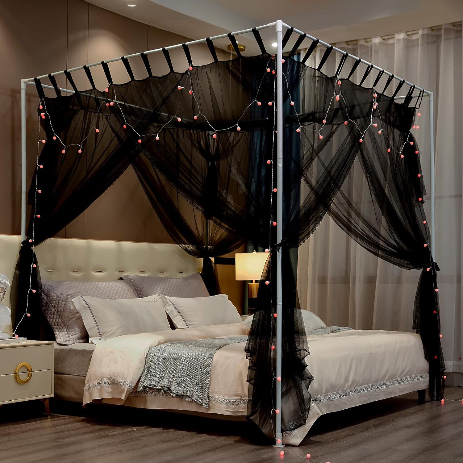 Cortina de 4 esquinas con poste para cama, toldo de mosquitera, para cama Queen y King, elegantes cortinas de cama para niñas y adultos, decoración