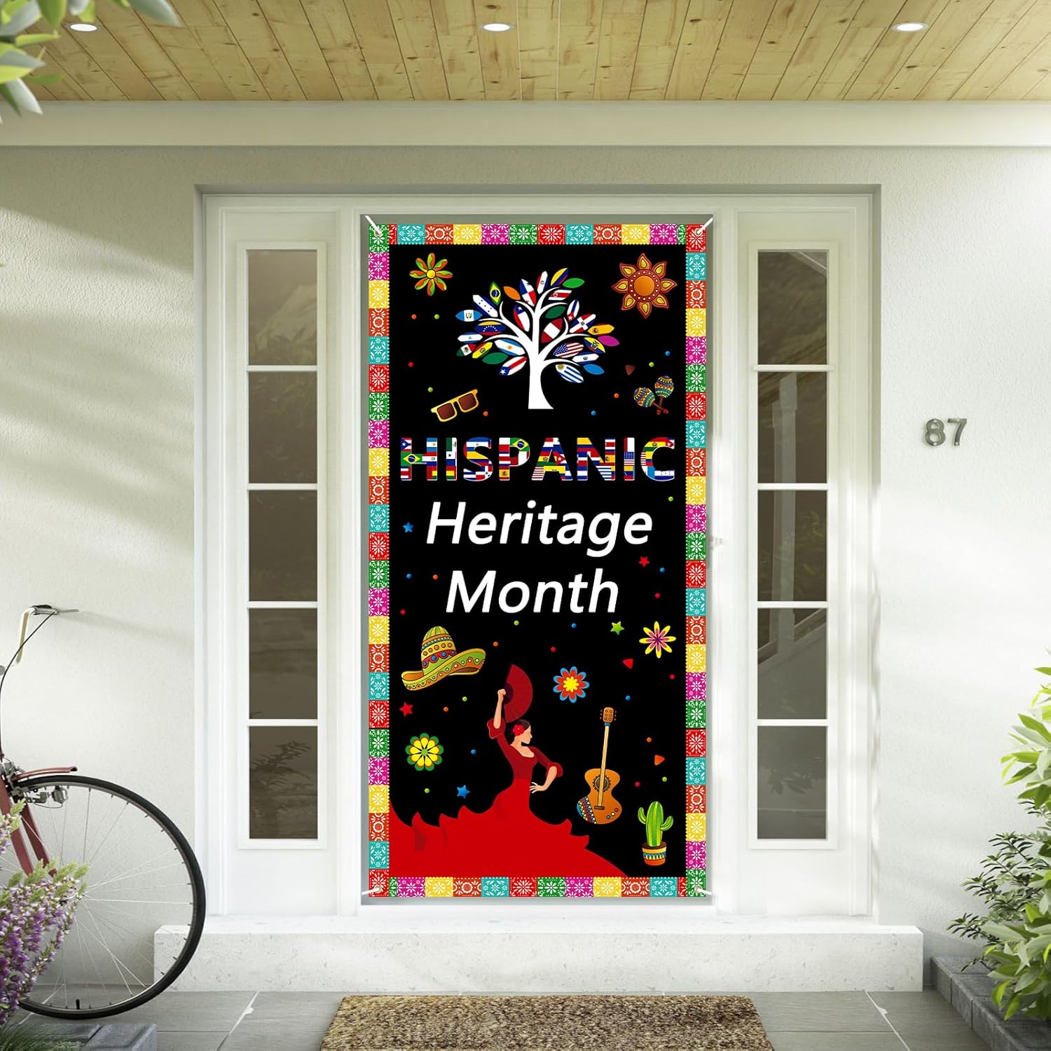 Arosche Decoración grande para puerta del mes de la herencia hispana, 6 x 2.9 pies, fondo colgante de condados de habla hispana latina para