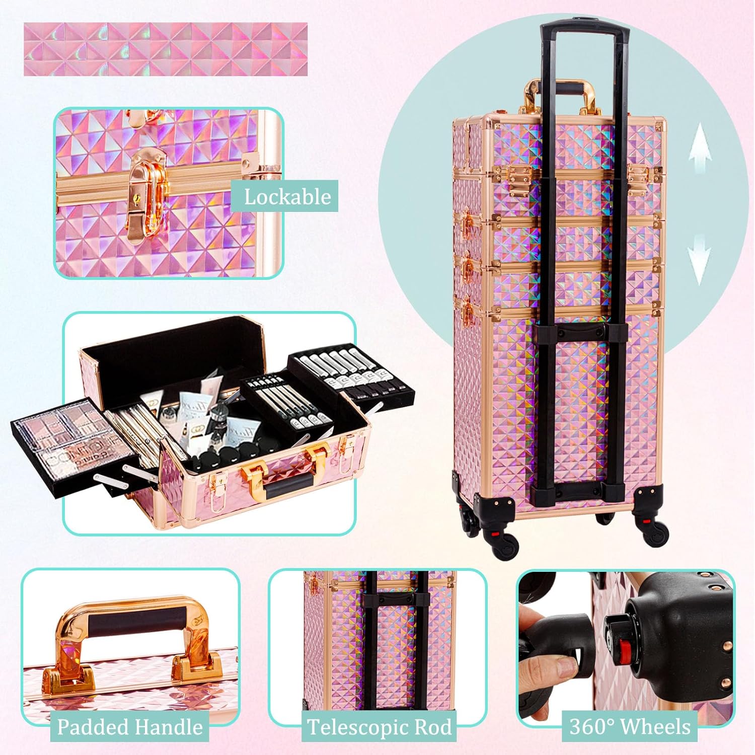 Maletín de tren de maquillaje rodante, carrito de cosméticos de gran capacidad, 4 en 1, estuche de viaje de maquillaje con ruedas giratorias para