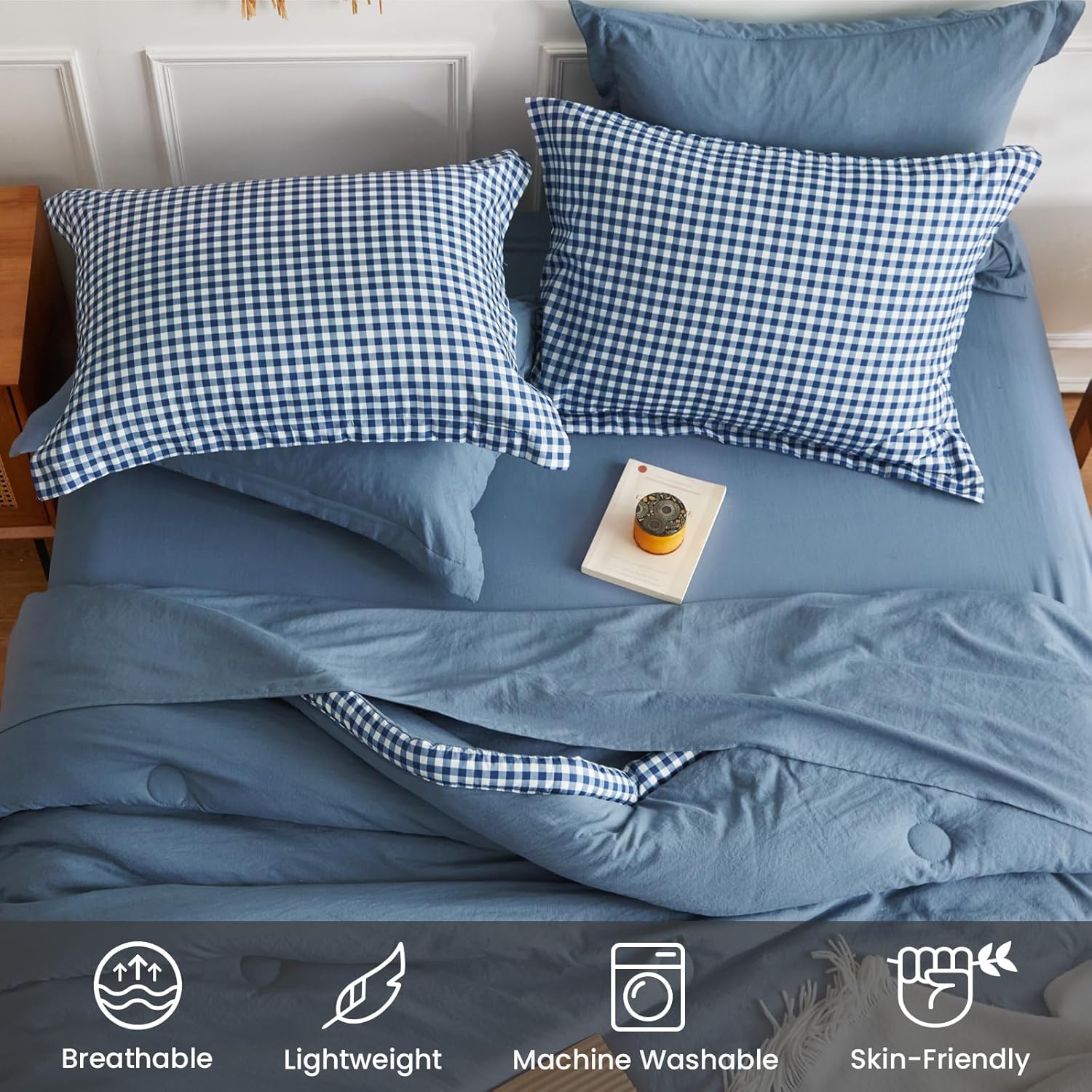 WARMDERN Juego de edredón de cuadros de búfalo tamaño King, juego de edredón ligero y suave, juego de ropa de cama tamaño King de 7 piezas con