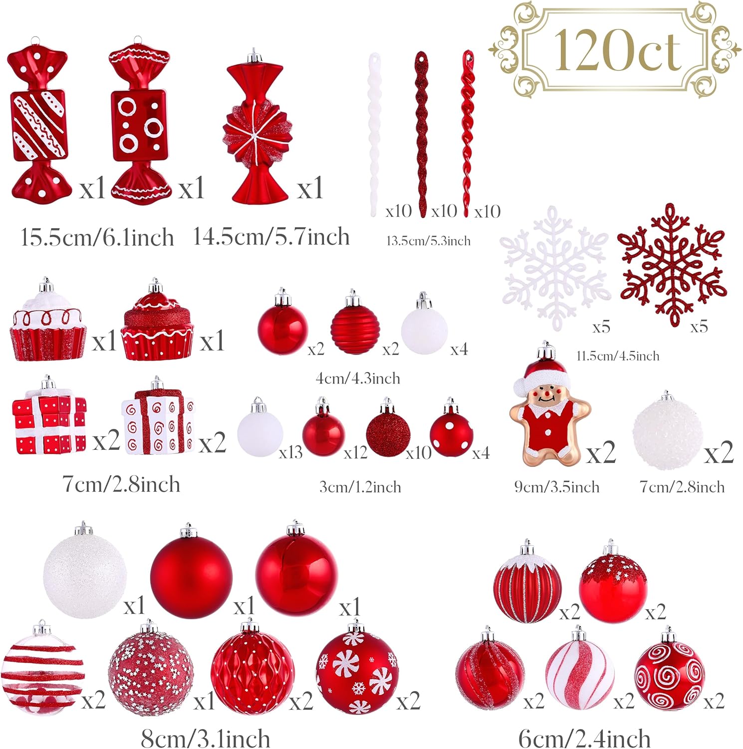 Valery Madelyn Juego de adornos de Navidad, 120 unidades de bastón de caramelo rojo y blanco, juego de decoración de árbol de Navidad inastillable,