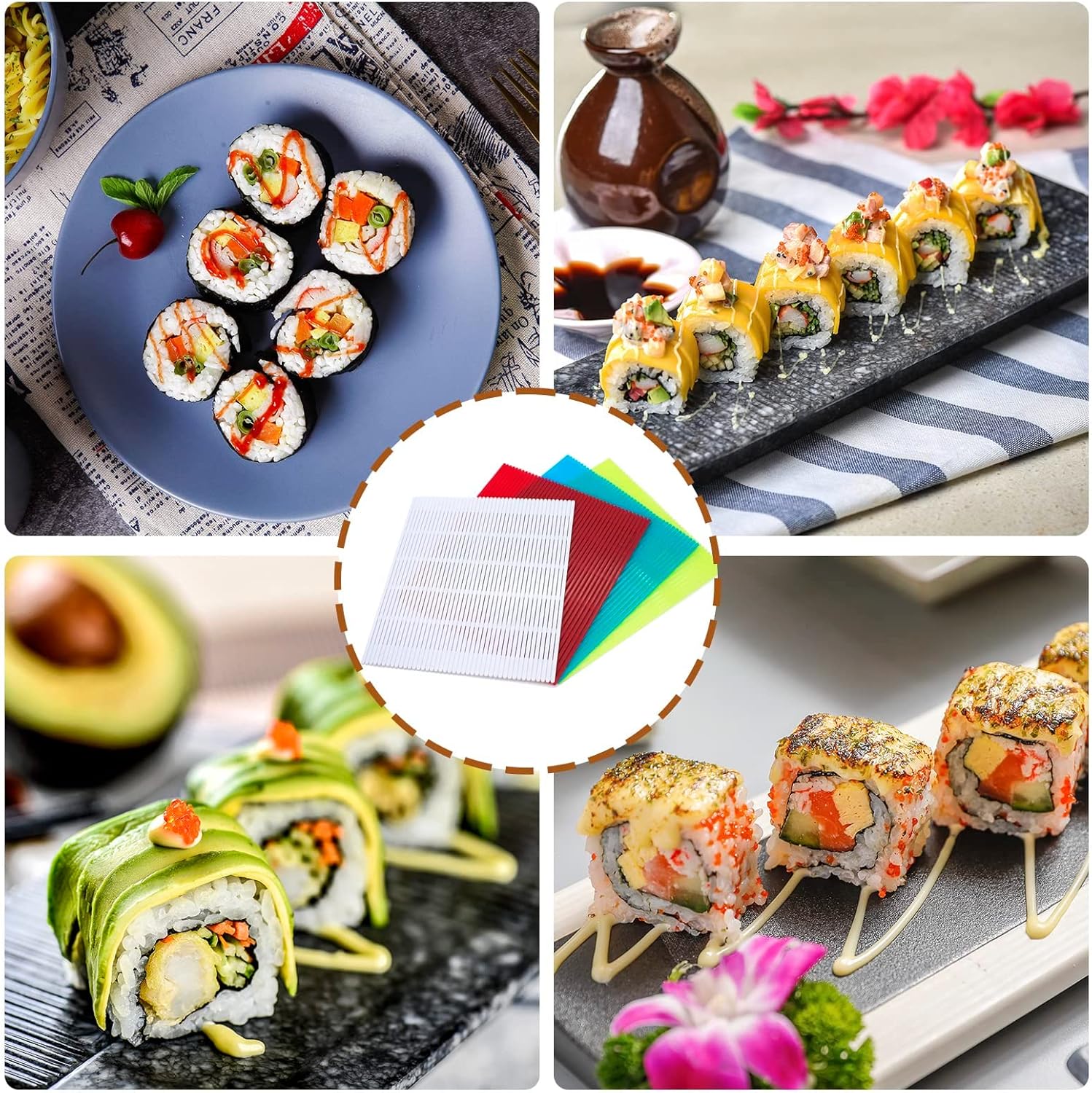 4 alfombrillas de plástico antiadherentes para sushi, kit de fabricación de rodillos de sushi hecho en casa con paleta de arroz, tapete de cocina de