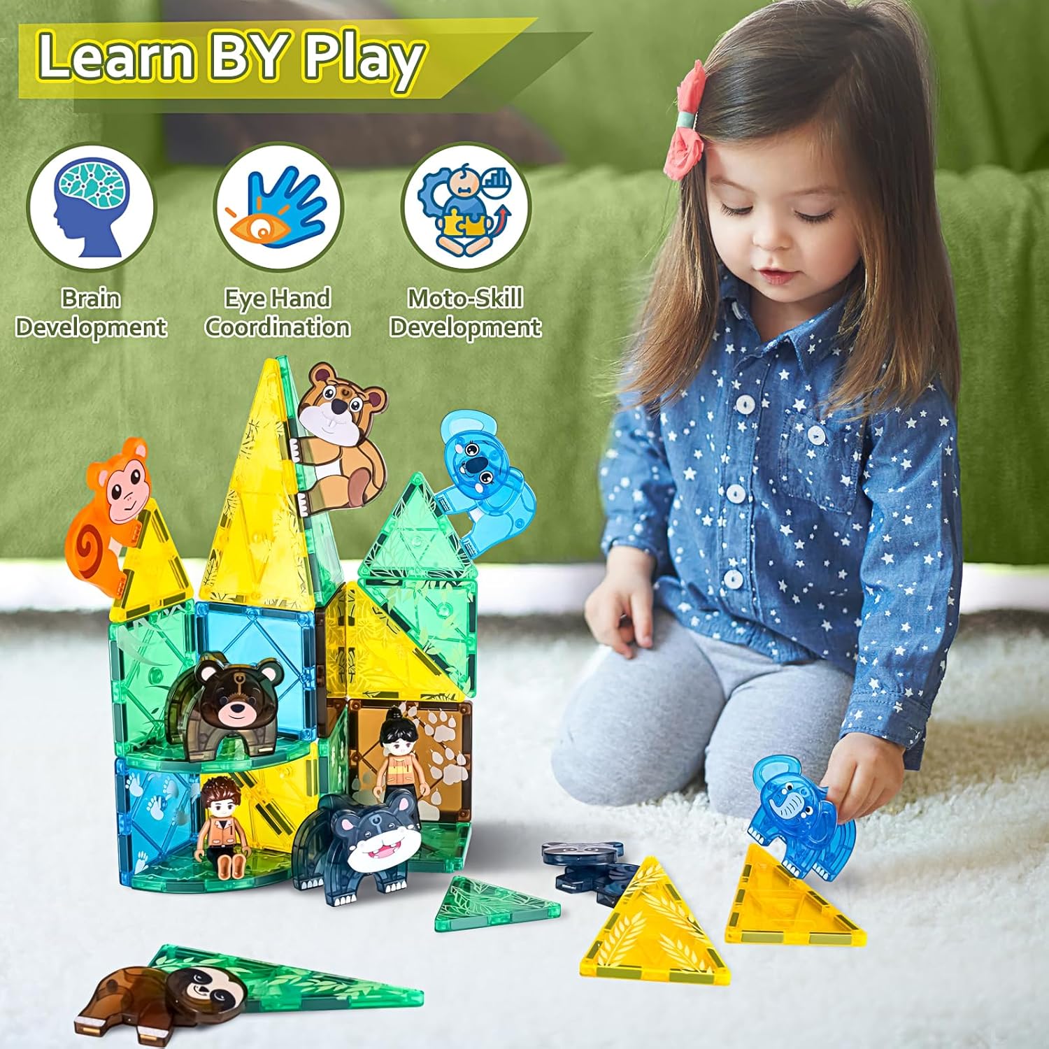 Asago Juego de azulejos magnéticos de dinosaurio con juego de animales de safari, juguetes de bloques de construcción magnéticos para niños pequeños