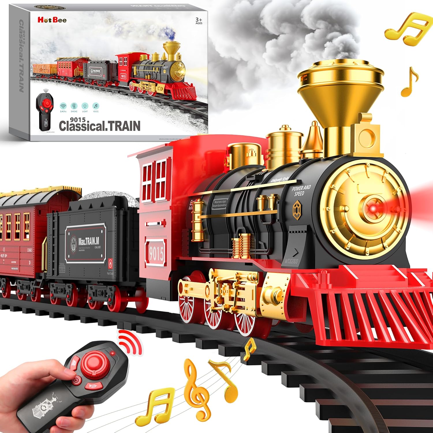 Hot Bee Juego de tren con control remoto de juguetes de tren con humo, luces y sonido, tren de juguete con locomotora de vapor, vagones de carga y
