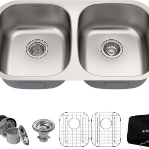 Fregadero doble KBU22 de la marca Kraus. 32 pulgadas, de montaje inferior, doble cavidad 5050, acero inoxidable de calibre 16, KBU22 Fregadero doble KBU22 de la marca Kraus. 32 pulgadas, de montaje inferior, doble cavidad 5050, acero inoxidable de calibre 16, KBU22