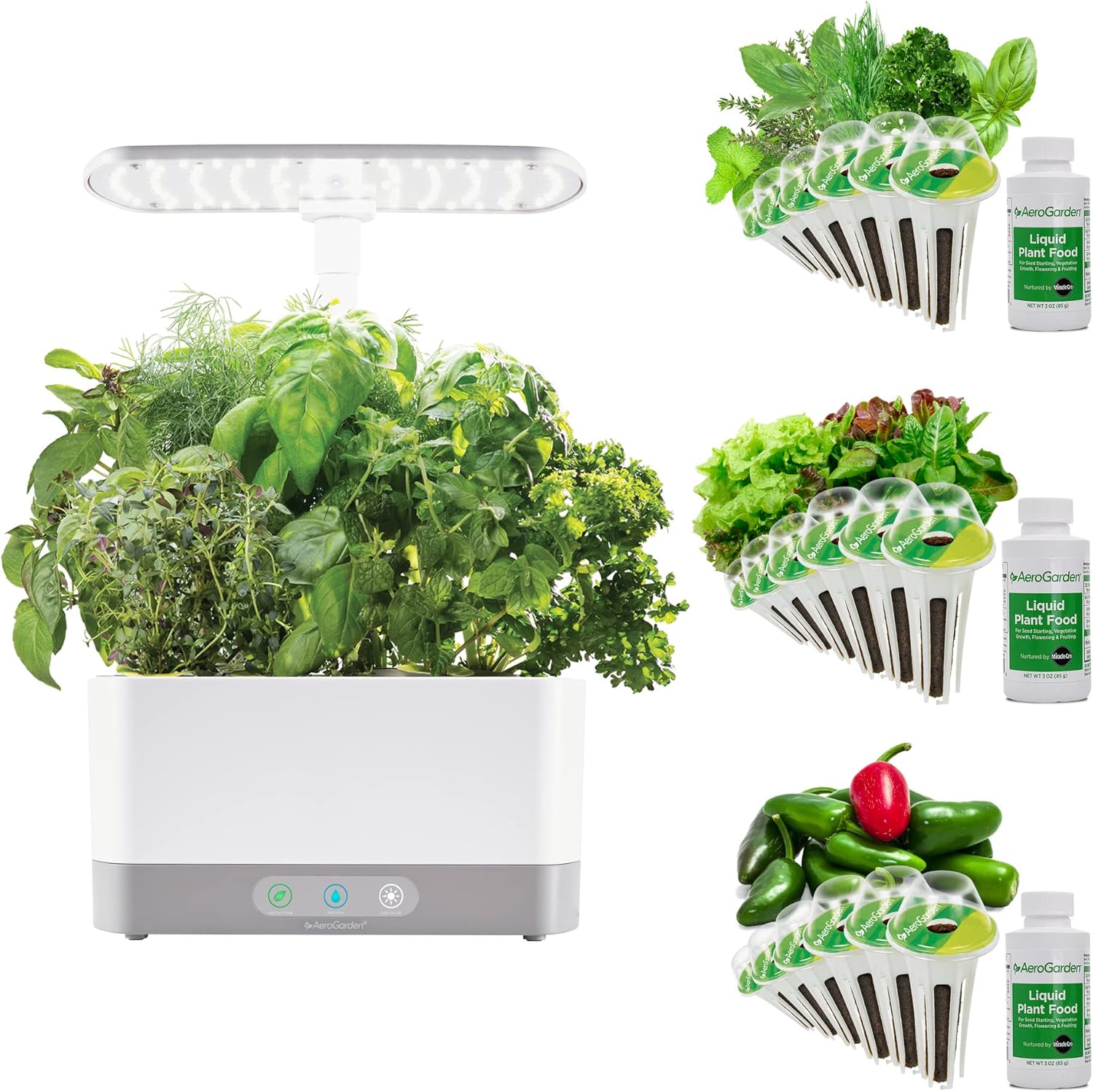 AeroGarden Harvest XL con kit de cápsulas de semillas de hierbas gourmet, jardín interior hidropónico con luz LED de cultivo, color blanco