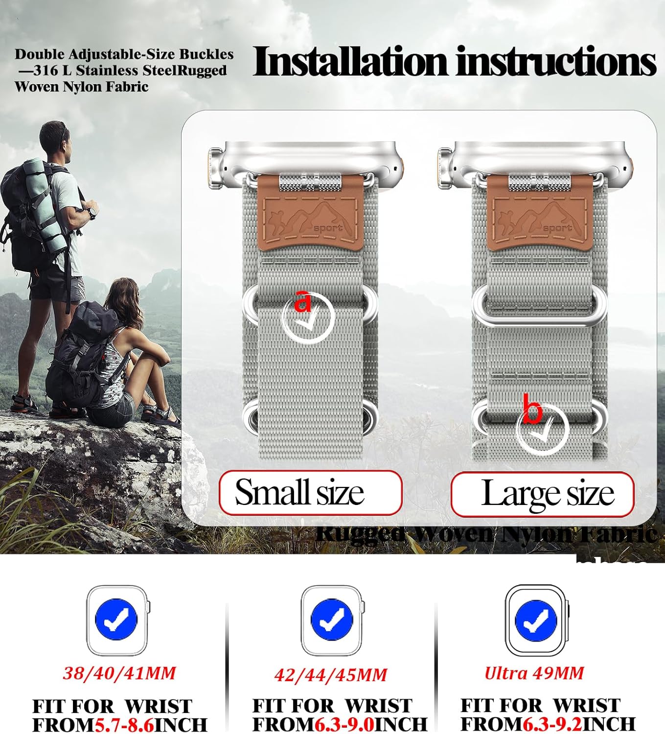 Funda de acero inoxidable compatible con Apple Watch Band de 1.614 pulgadas, 1.575 pulgadas, 1.496 pulgadas, correa deportiva resistente de nailon