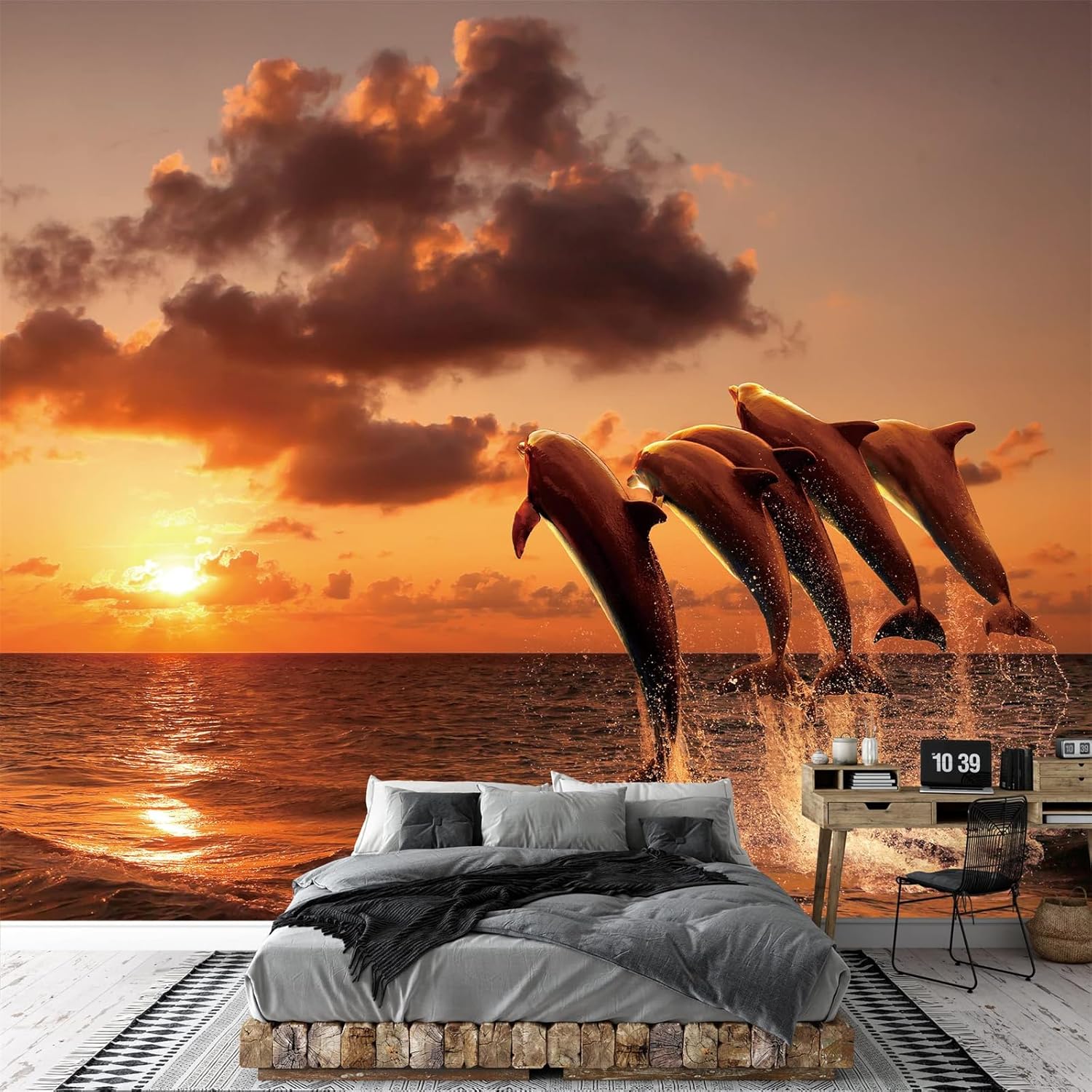 Mural de pared con vista al mar al atardecer, papel tapiz autoadhesivo de salto de delfines, extraíble, grande, decoración de pared, pintura para