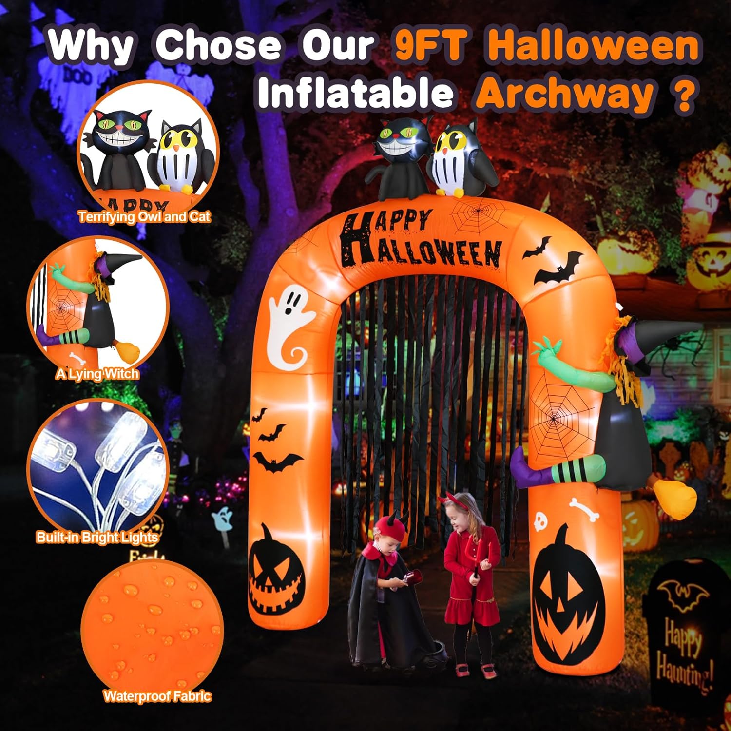 Decoración inflable de arco inflable de Halloween de 9 pies de alto, decoración iluminada de Halloween con gato, búho y bruja en arco, arco inflable