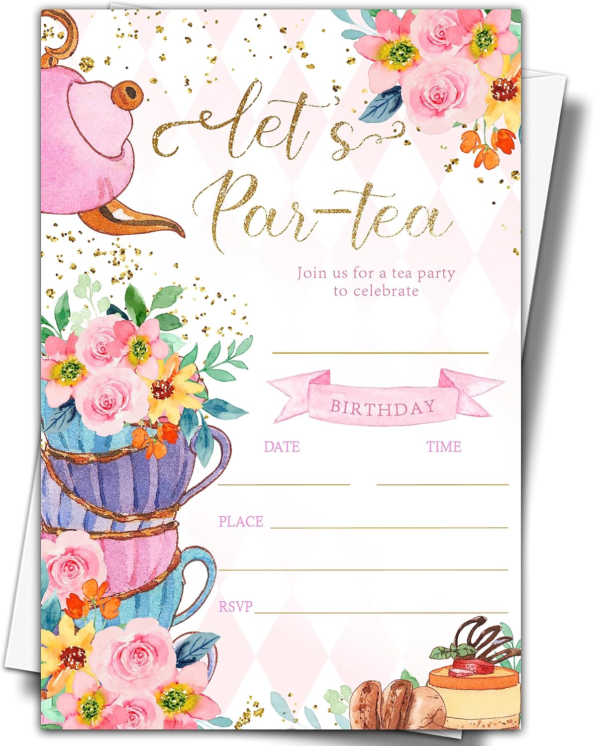 Par-tea Invitaciones para fiesta de cumpleaños, 20 tarjetas de invitación con sobres, 4 x 6 pulgadas, invitaciones de cumpleaños de té floral para