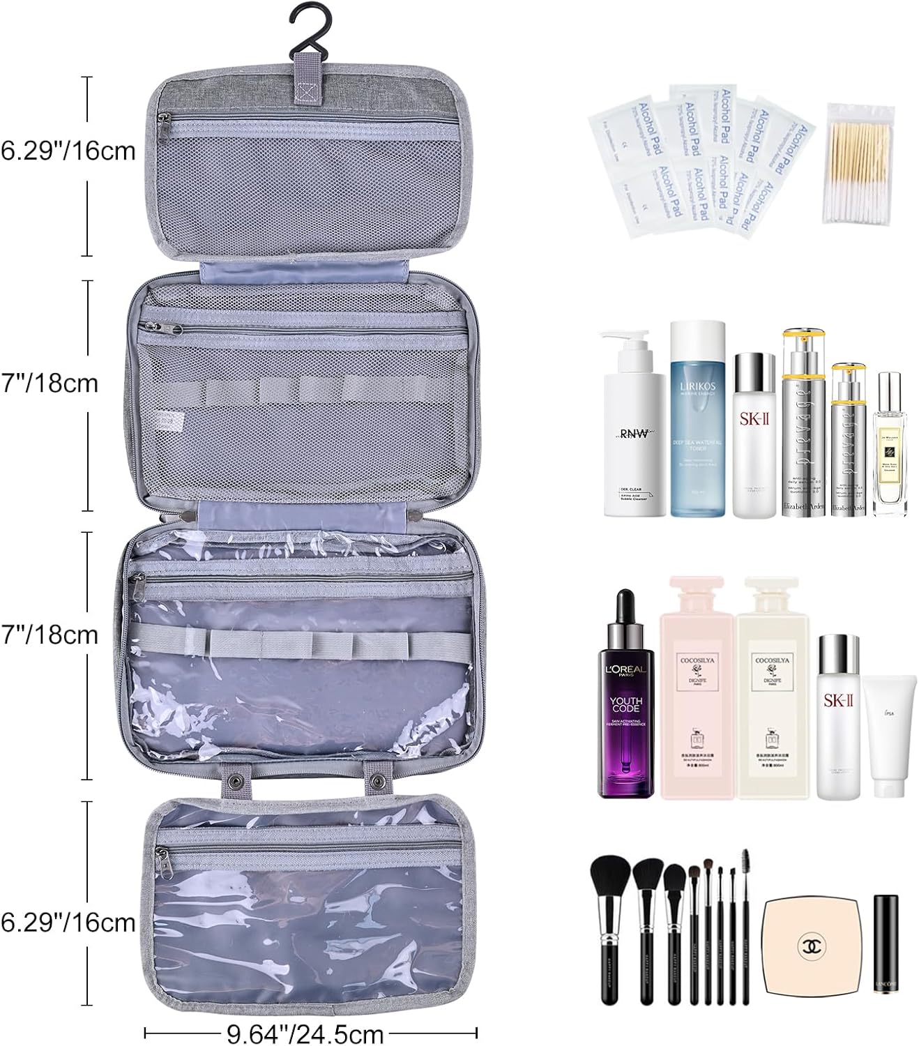 Neceser Bolsa de viaje con gancho colgante Bolsa de cosméticos de maquillaje resistente al agua, Gris