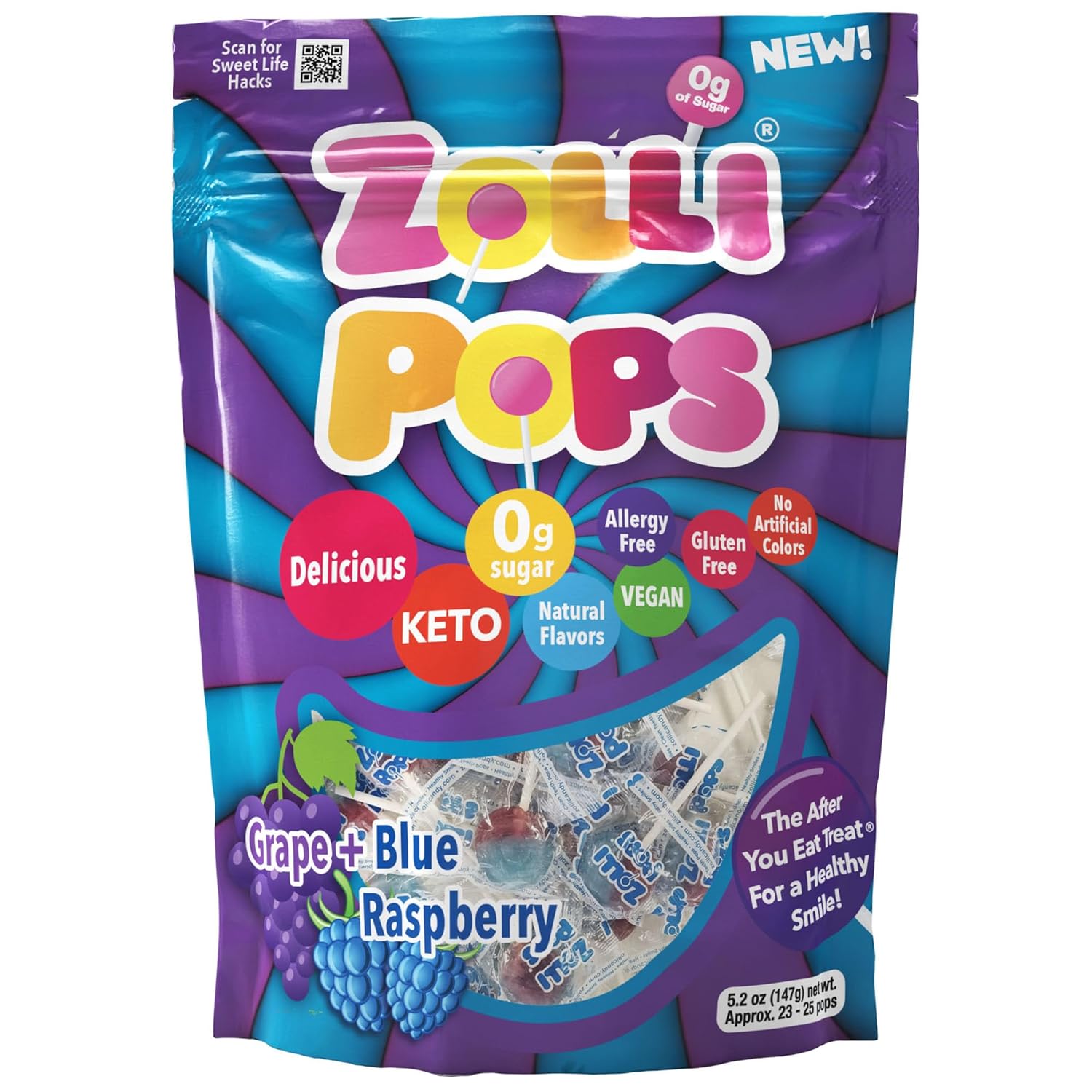 Zollipops Blue Raspberry-Grape Duo Pops – Sin azúcar, sin alergias, vegano, apto para dieta cetogénica y diabética, caramelo de dientes limpios,
