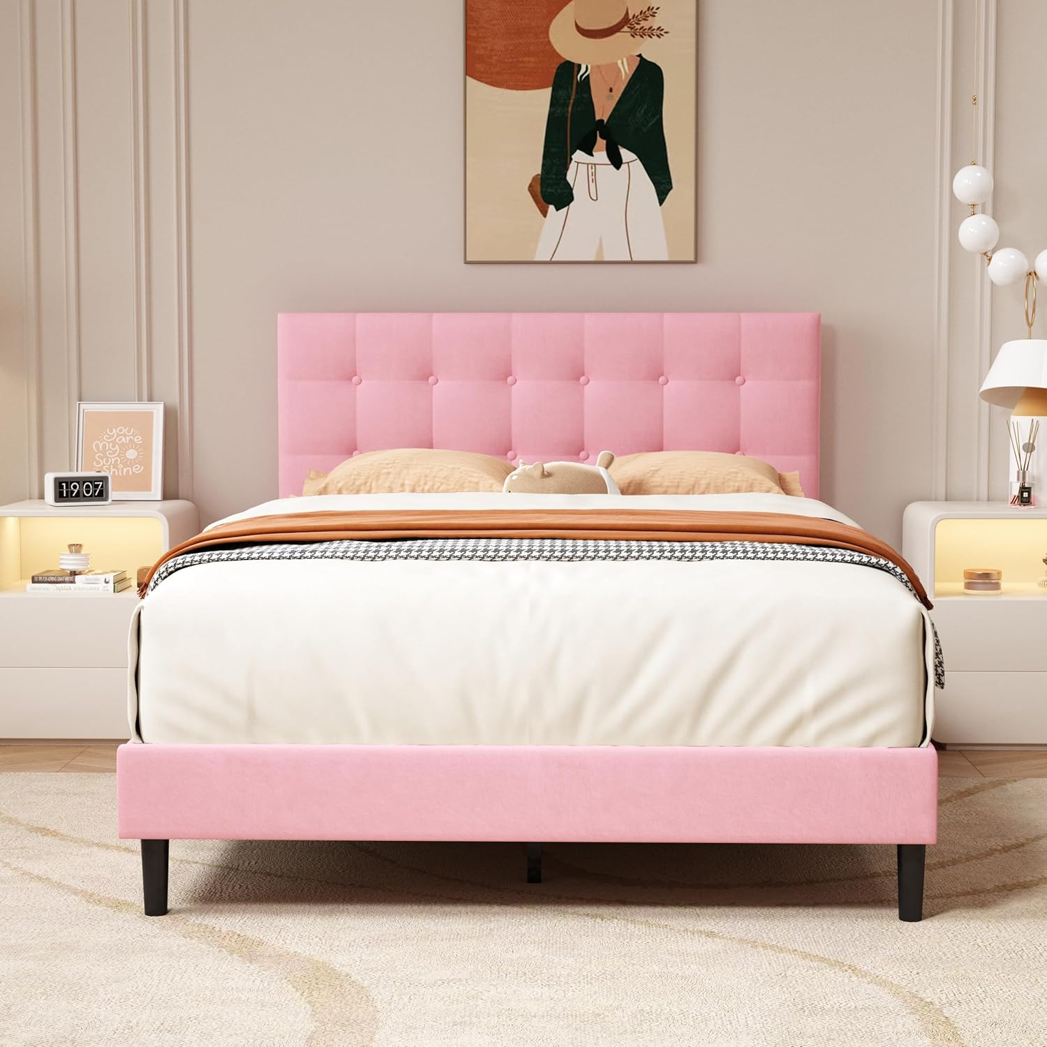 alazyhome Base de cama tapizada de tamaño matrimonial con cabecero de terciopelo capitoné con botones, soporte de listones de madera, fácil montaje,