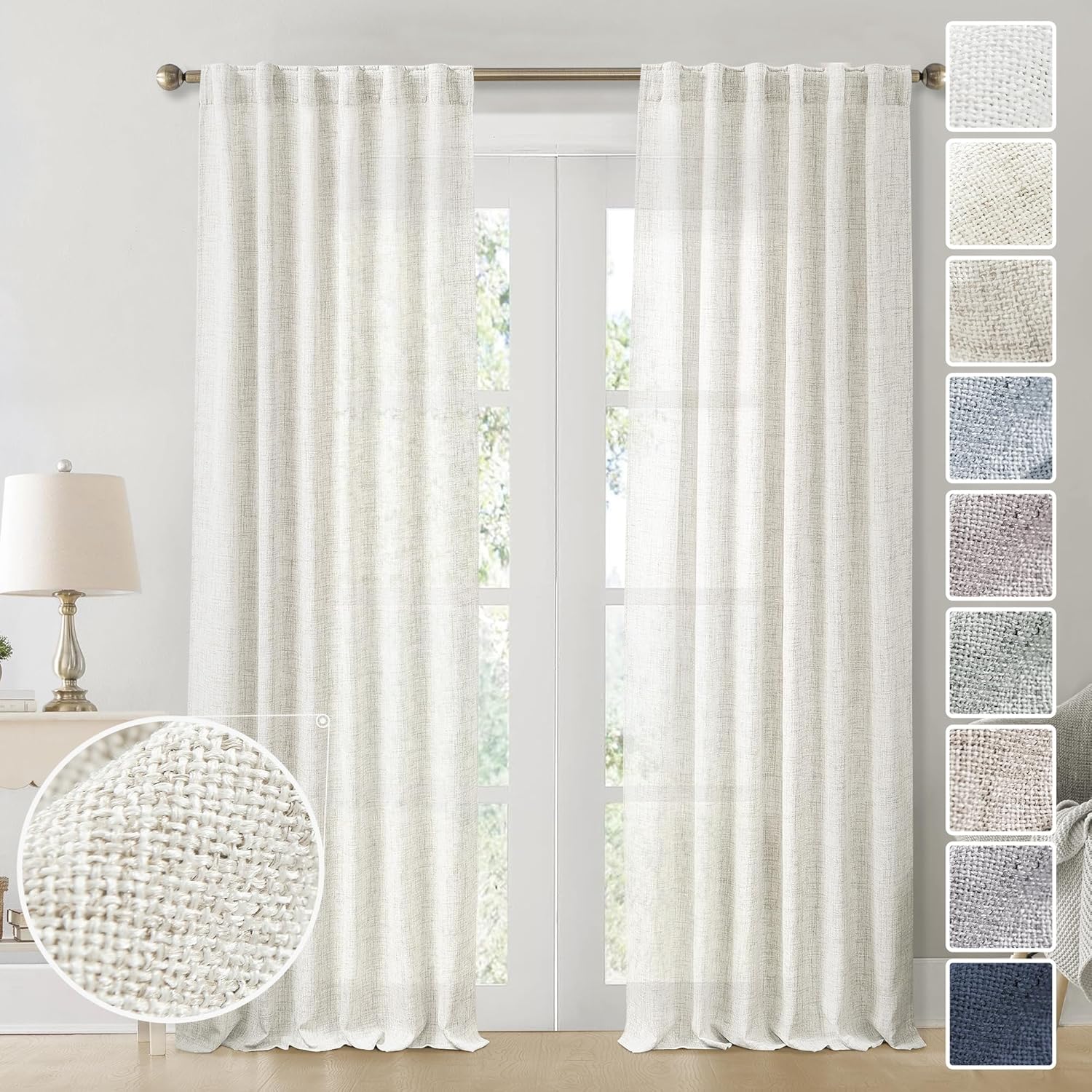 MEETBILY Cortinas traslúcidas de lino natural de 102 pulgadas de largo para sala de estar, juego de 2 paneles con bolsillo con pestaña trasera,