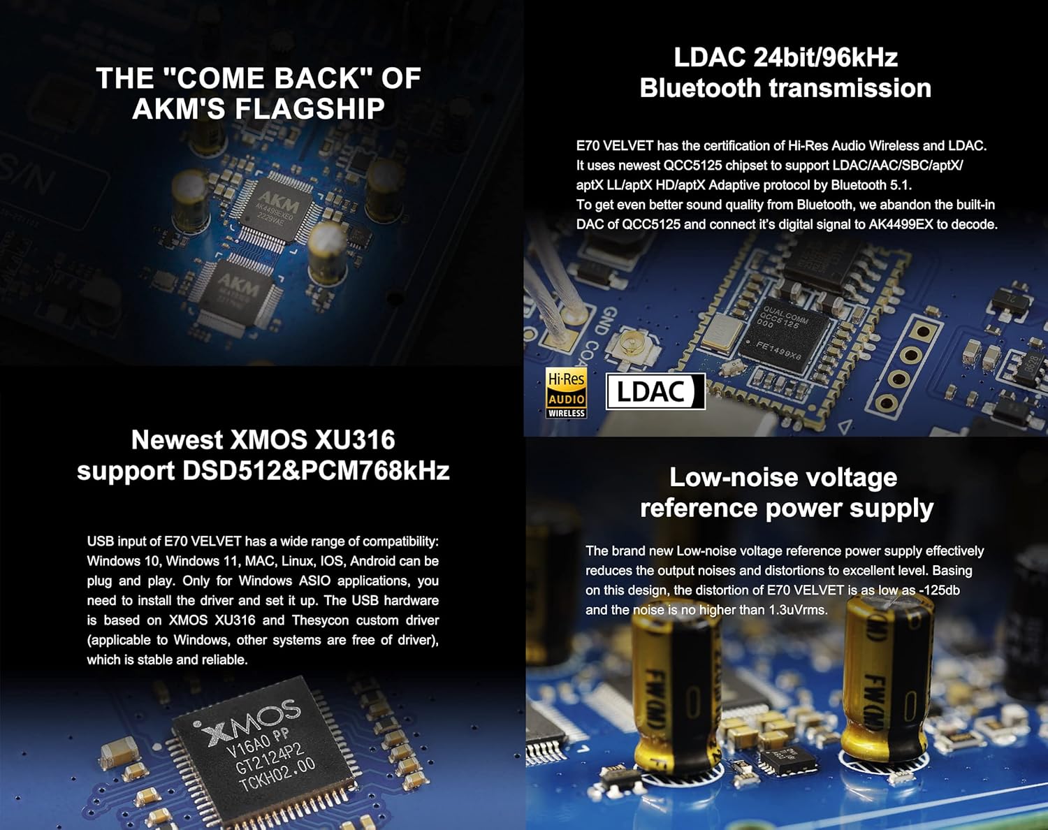 Topping E70 Velvet AK4499EX DAC Audio Decodificador – Bluetooth5.1 LDAC Hi-Res XU316 32Bit768kHz DSD512 BTUSBCoaxialOpt Entradas RCAXLR HiFi Stereo