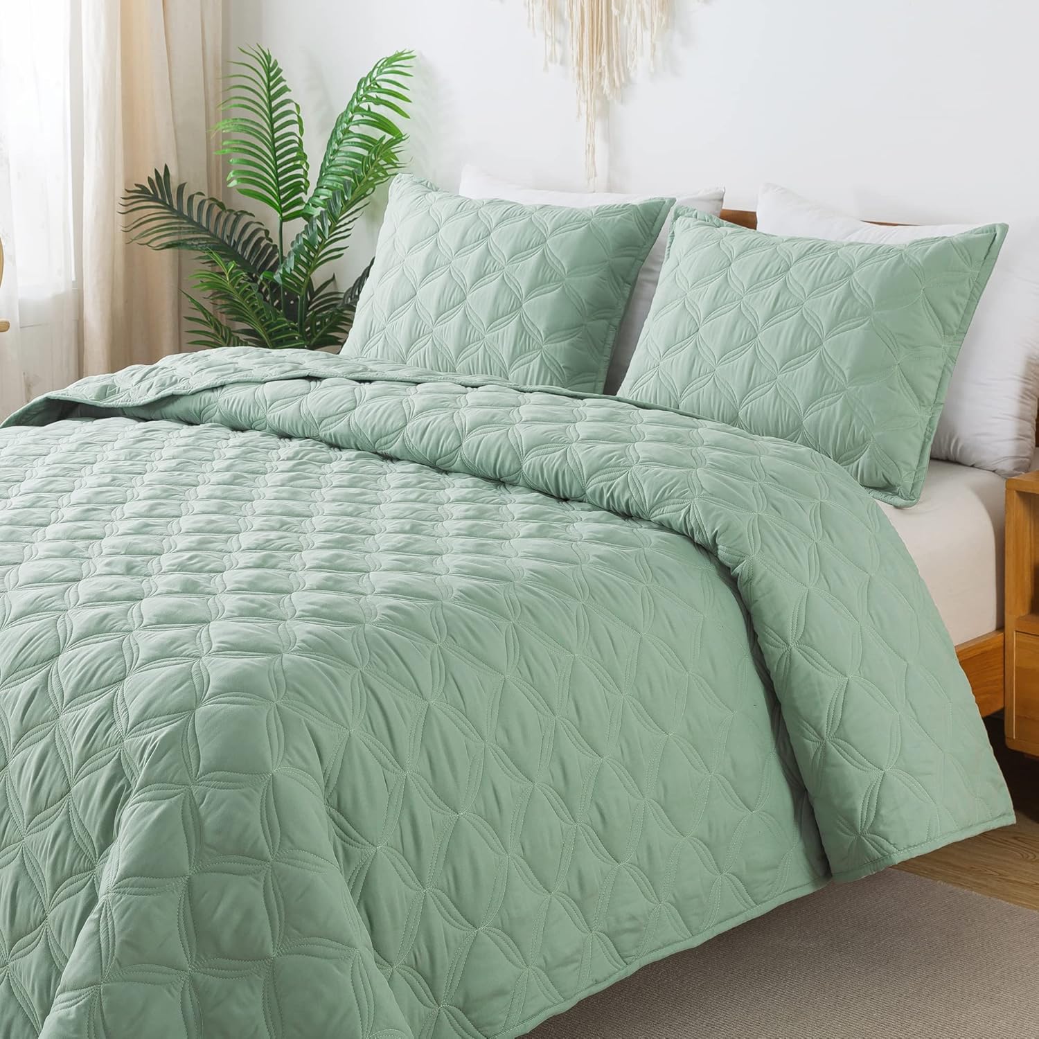 Litanika Juego de colcha extragrande de color verde salvia de 128 x 120 pulgadas, colcha ligera de verano, funda de cama bohemia de granja para