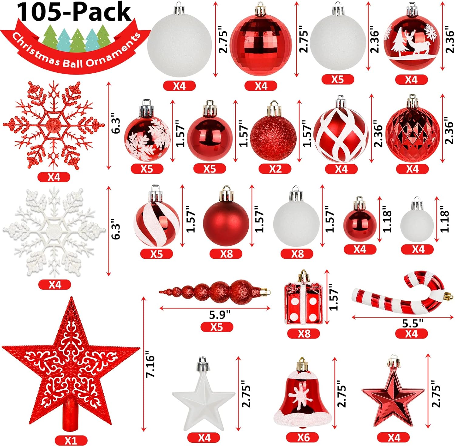 OurWarm 105 adornos de bolas de Navidad, juegos de adornos de Navidad inastillables para decoración de árbol de Navidad, vacaciones, hogar,