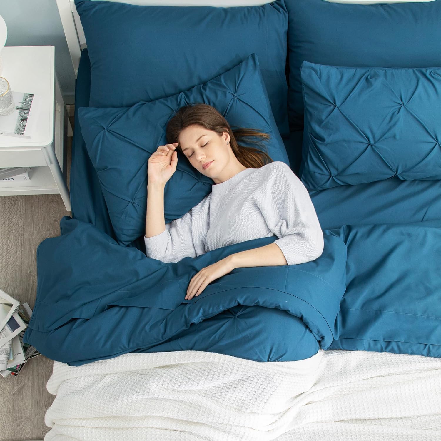BEDSURE Juego de ropa de cama con edredón tamaño individual de 5 piezas, diseño de pliegues, con edredón, sábanas, funda de almohada y funda