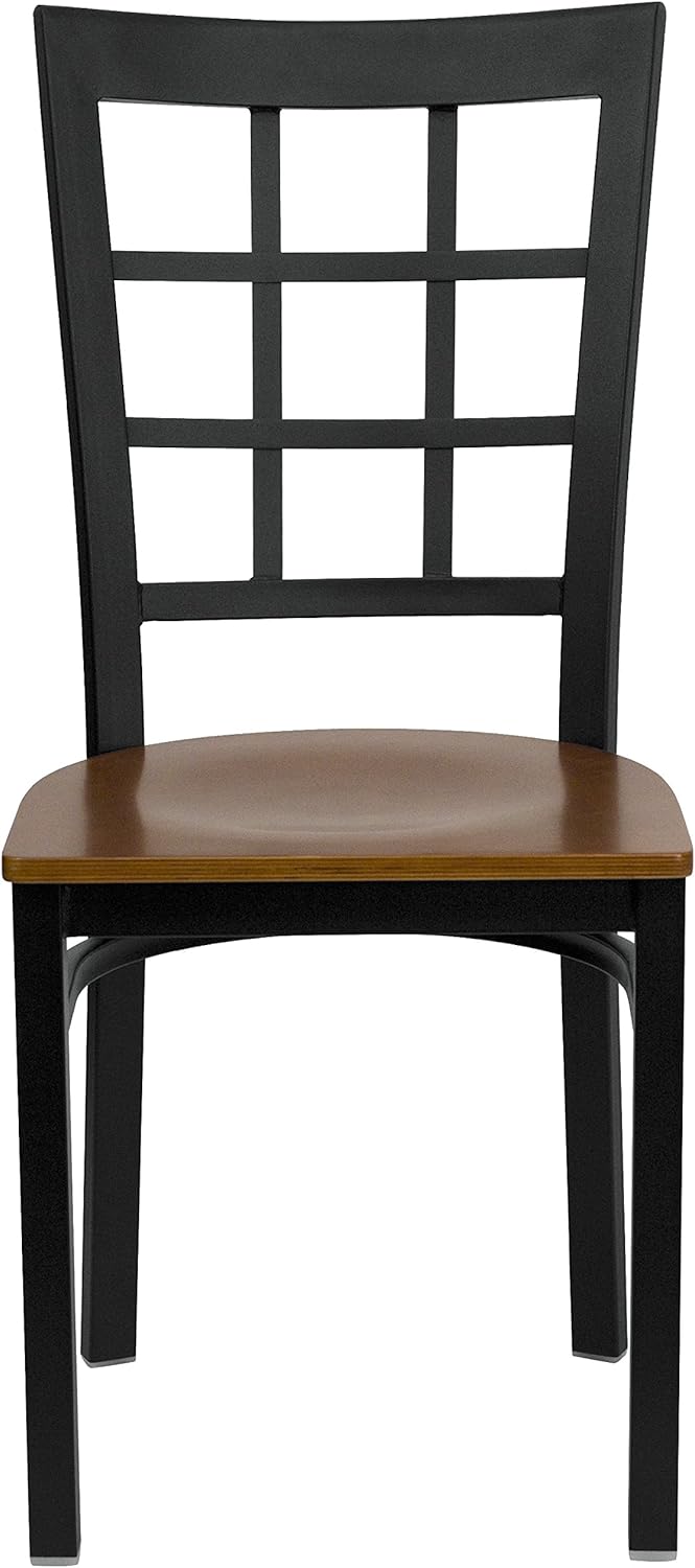 Flash Furniture HERCULES Series Silla de restaurante de metal con ventana trasera negra – Asiento de madera de cerezo