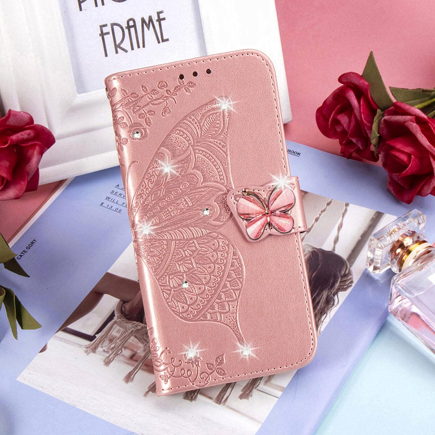 Funda tipo cartera para Samsung Galaxy A13 5G, diseño de mariposa de piel sintética con cierre magnético y tarjetero para Galaxy A13 5G Rhinestone