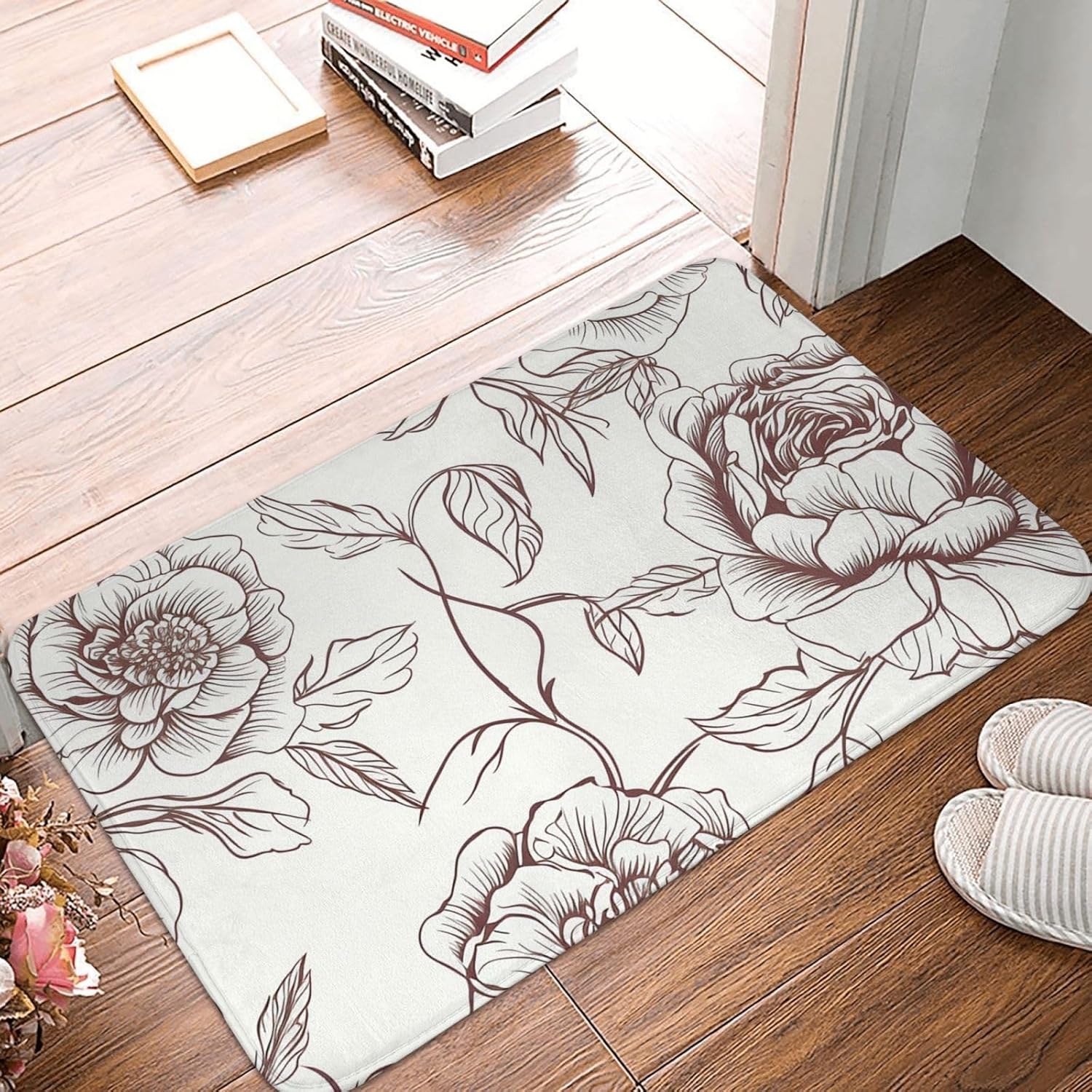 Alfombra de baño de microfibra absorbente con estampado floral de rosas y rosas, tapete de baño de franela con parte trasera de goma, tapete