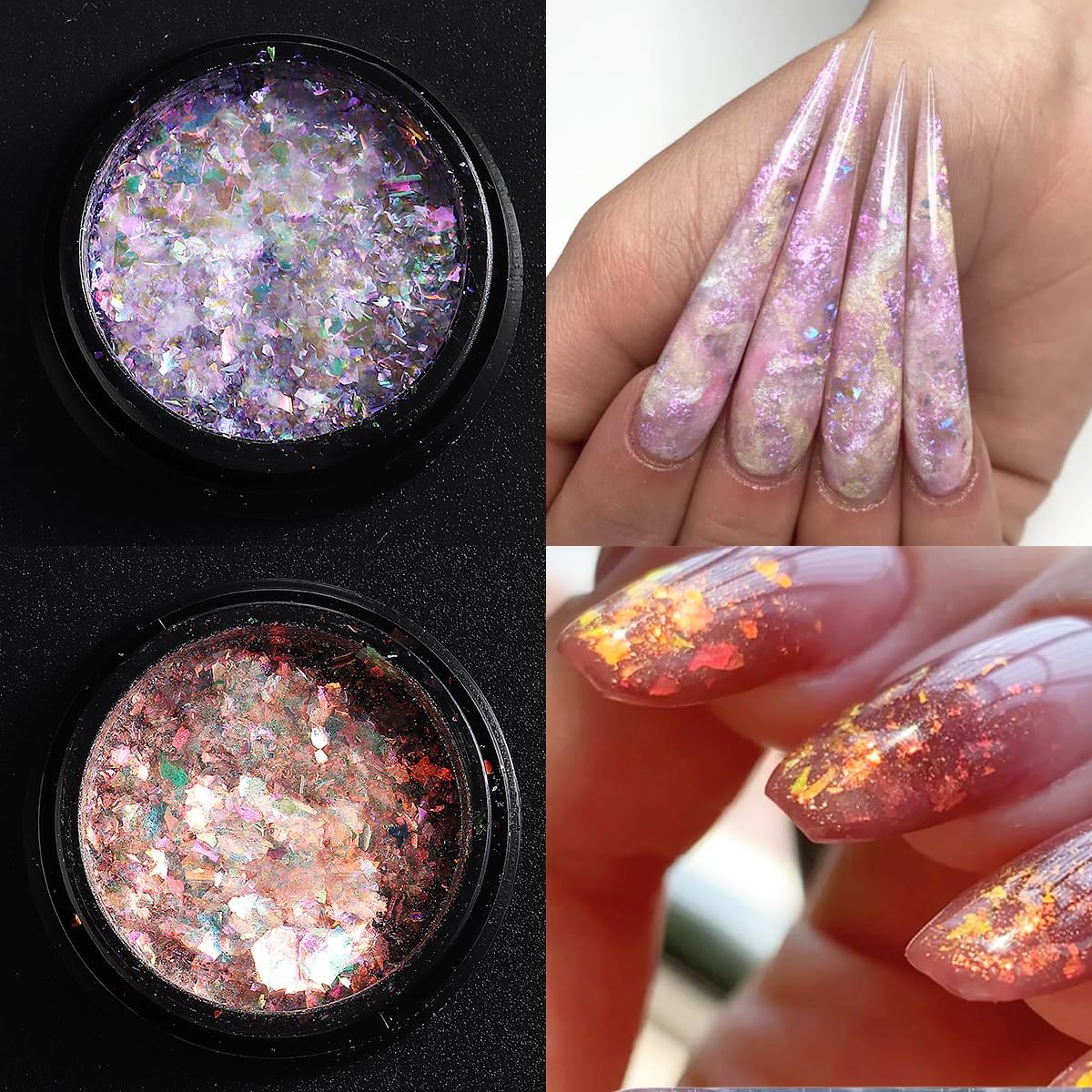 Juego de purpurina iridiscente para uñas, 6 copos de polvo cromado, efecto Aurora para uñas, escamas de ópalo de fuego de cristal rosa, azul,