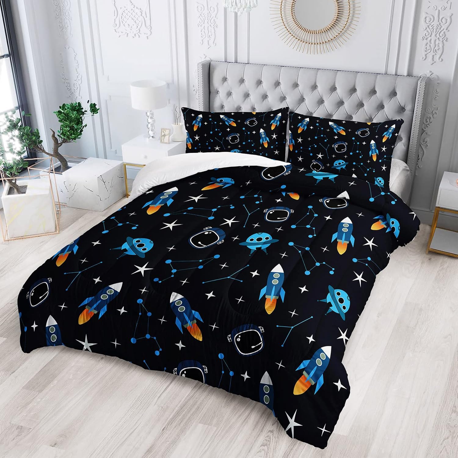BailiPromise Juego de edredón de tamaño individual, diseño de cielo estrellado, diseño de espacio exterior, dibujos animados, para niños y niñas, 1