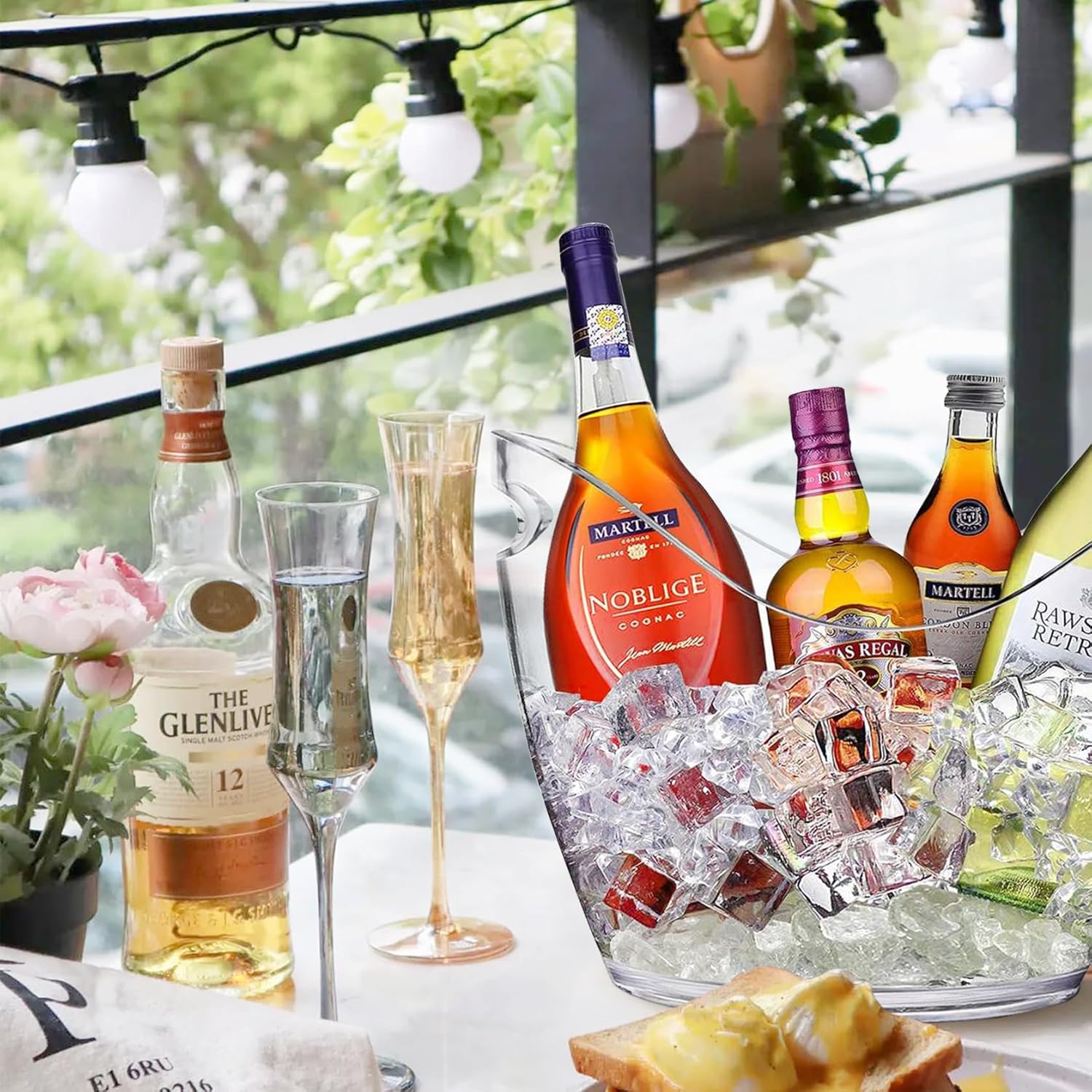 Bonchoice Cubo de hielo de 4 litros y 8 litros, cubeta de bebidas para vino champán para fiestas, tina de hielo acrílico de plástico con cucharas