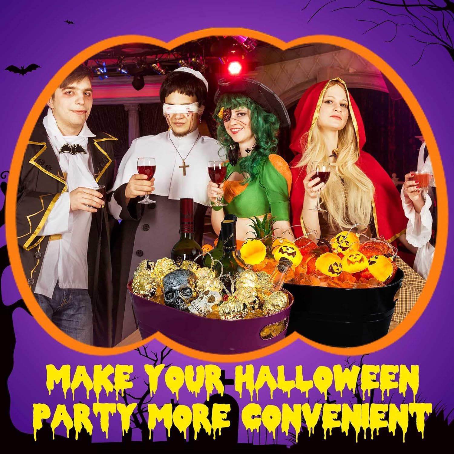 4 cubos de bebidas de Halloween de 4 galones, grandes tinas de hielo para fiestas, recipientes de metal galvanizado para bebidas, cerveza, vino,
