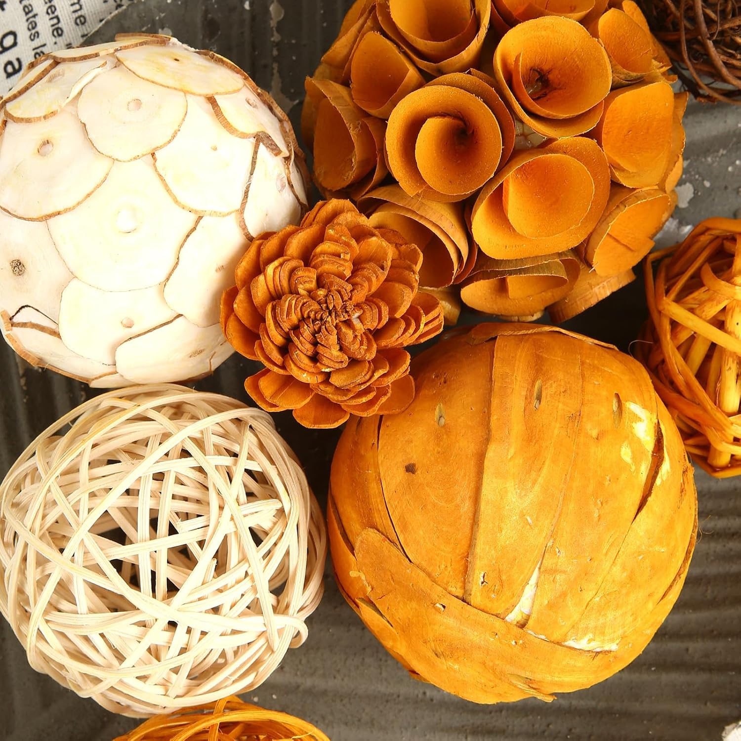 Bolas decorativas de otoño para decoración del hogar, juego de 6 bolas de mimbre de ratán de tono natural para decoración del hogar, centros de