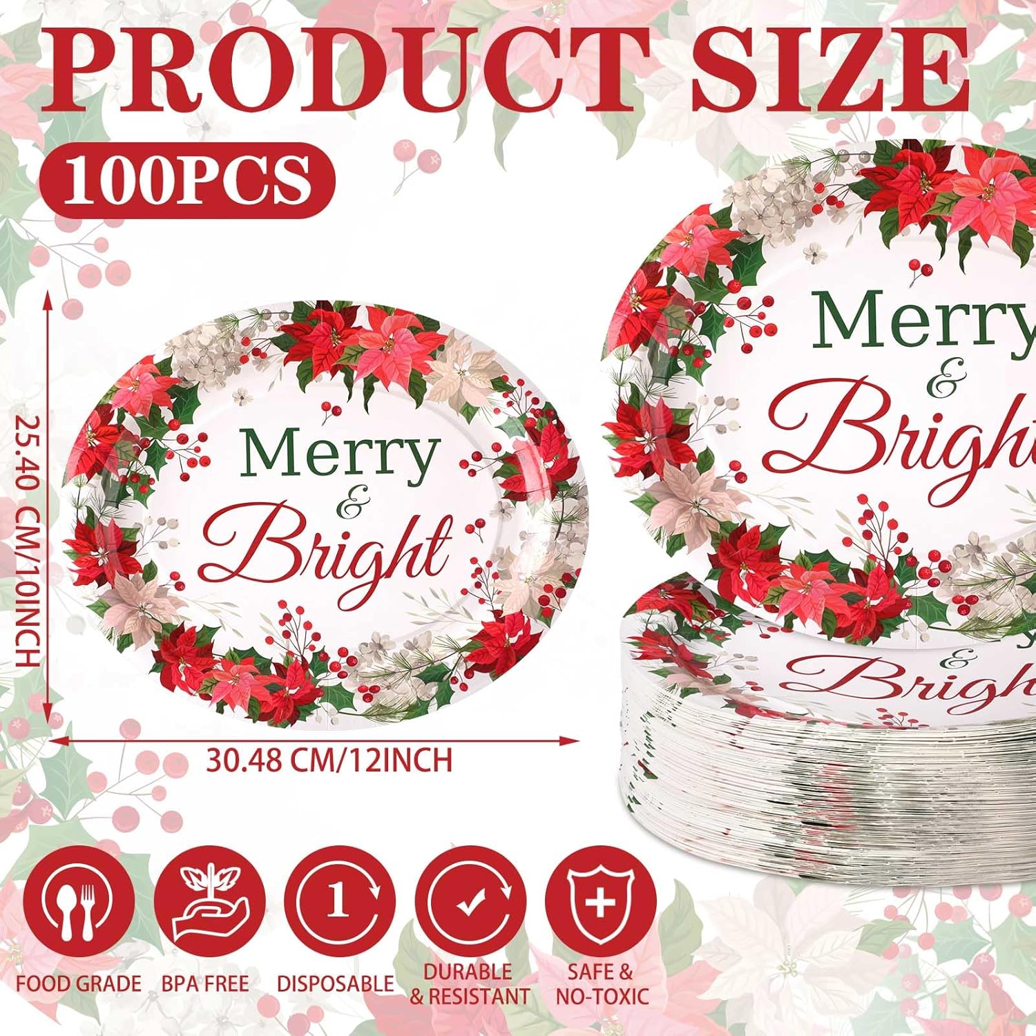 100 platos de papel de Navidad, platos ovalados desechables florales de invierno, de 10 x 12 pulgadas, platos desechables de Navidad, regalos de