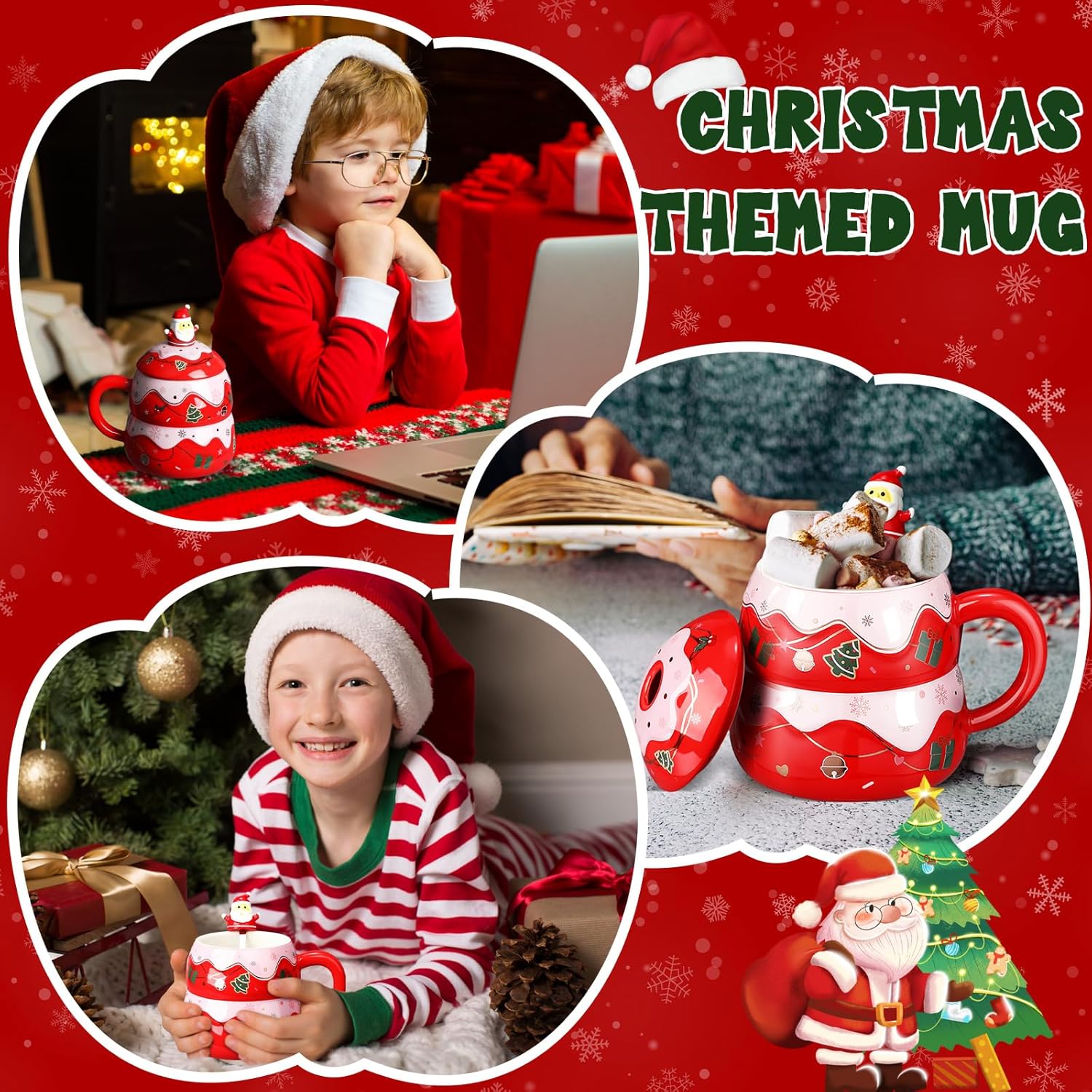 Tazas de Navidad con cuchara y tapa, tazas de cerámica festivas aptas para microondas y lavavajillas, taza de 15 onzas, taza de invierno novedosa