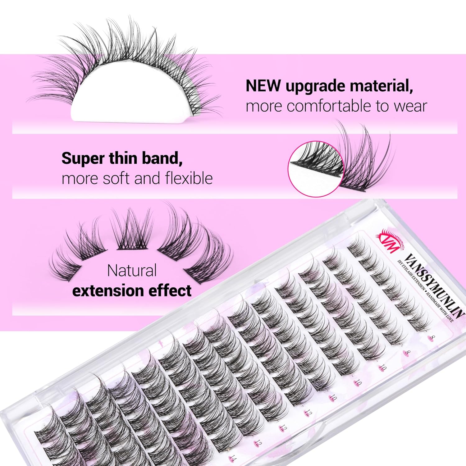 Kit de extensiones de pestañas, racimos de pestañas, kit de extensión de pestañas para bricolaje, racimos de pestañas individuales con adhesivo de