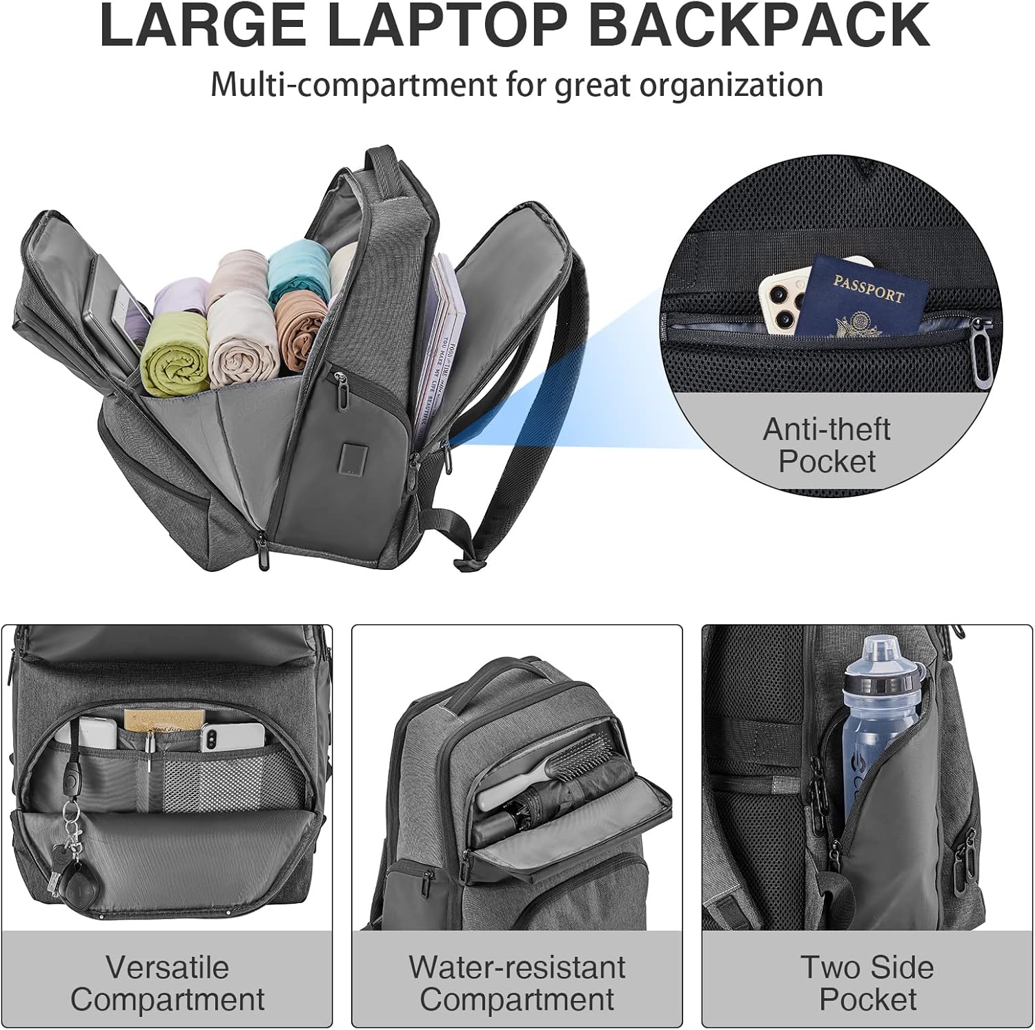 VPBAGE Mochila para laptop para hombre, mochila de viaje de negocios, se adapta a computadoras de 17.3 pulgadas, resistente al agua y antirrobo,
