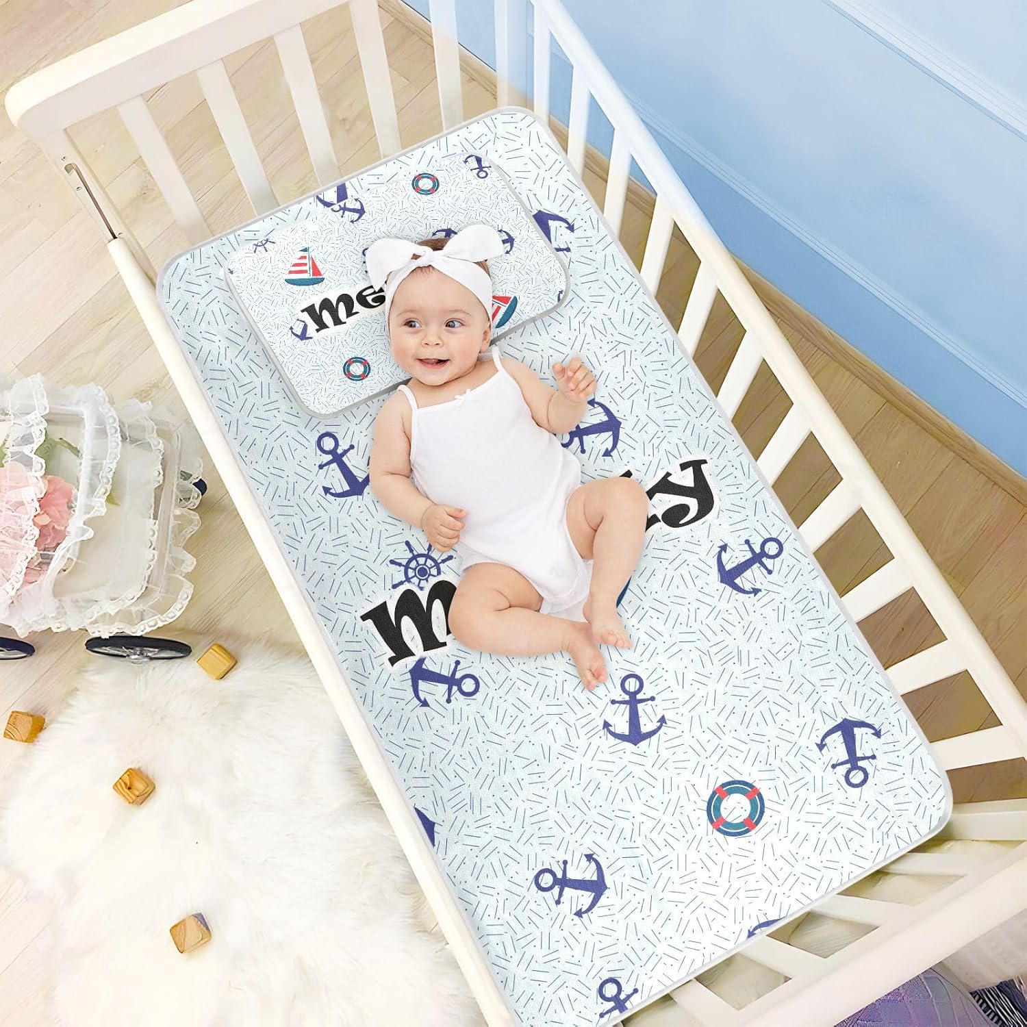 Custom Sailboat Anchor Marine Crib Mattress Protector Pad for Boys Girls Baby Ice Silk Mat Bed Kids Bed & Crib Protection Cooling Mattress Topper