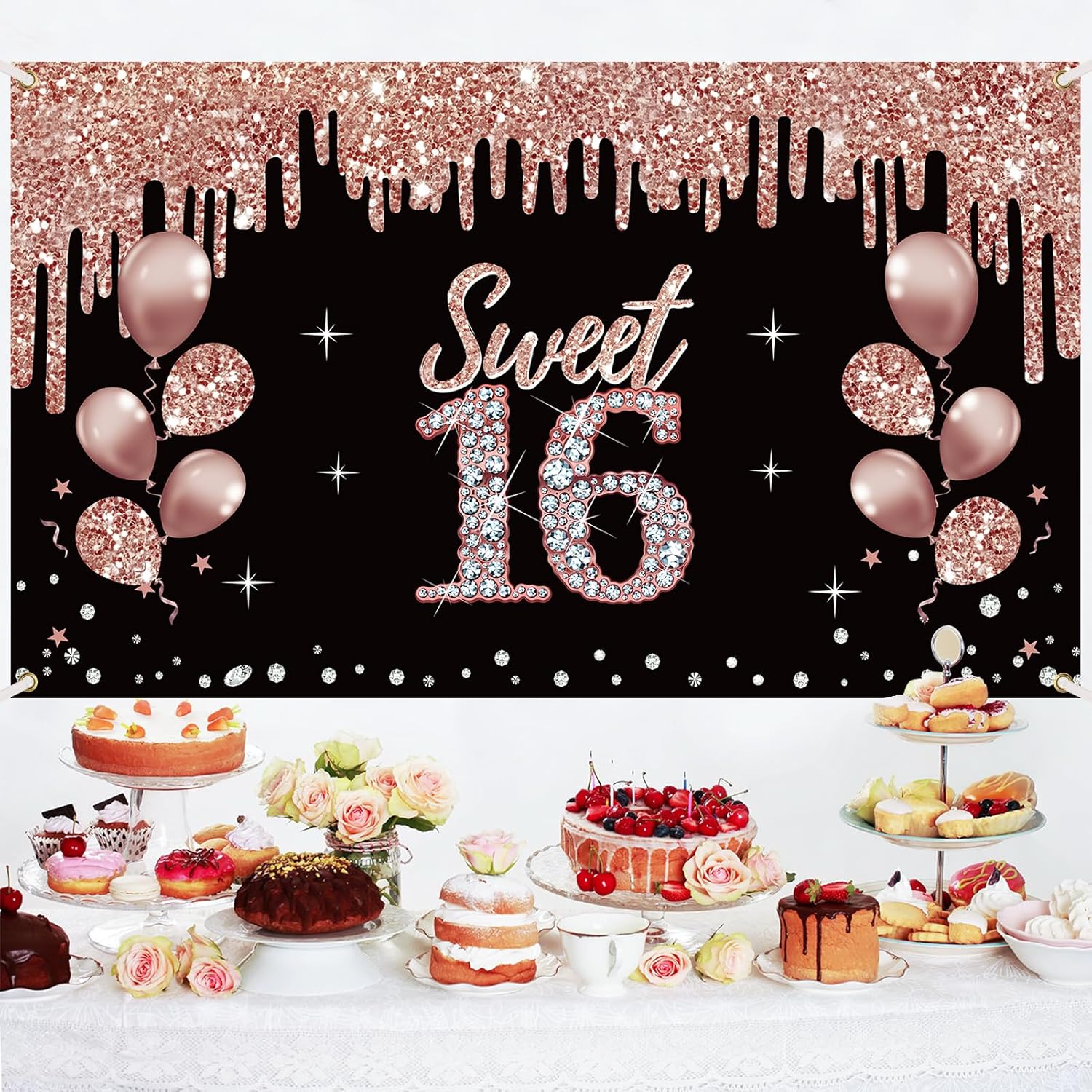 Cartel de decoración de feliz cumpleaños número 16 para niñas, decoración de cumpleaños de 16 años de oro rosa, suministros de fiesta, fondo de