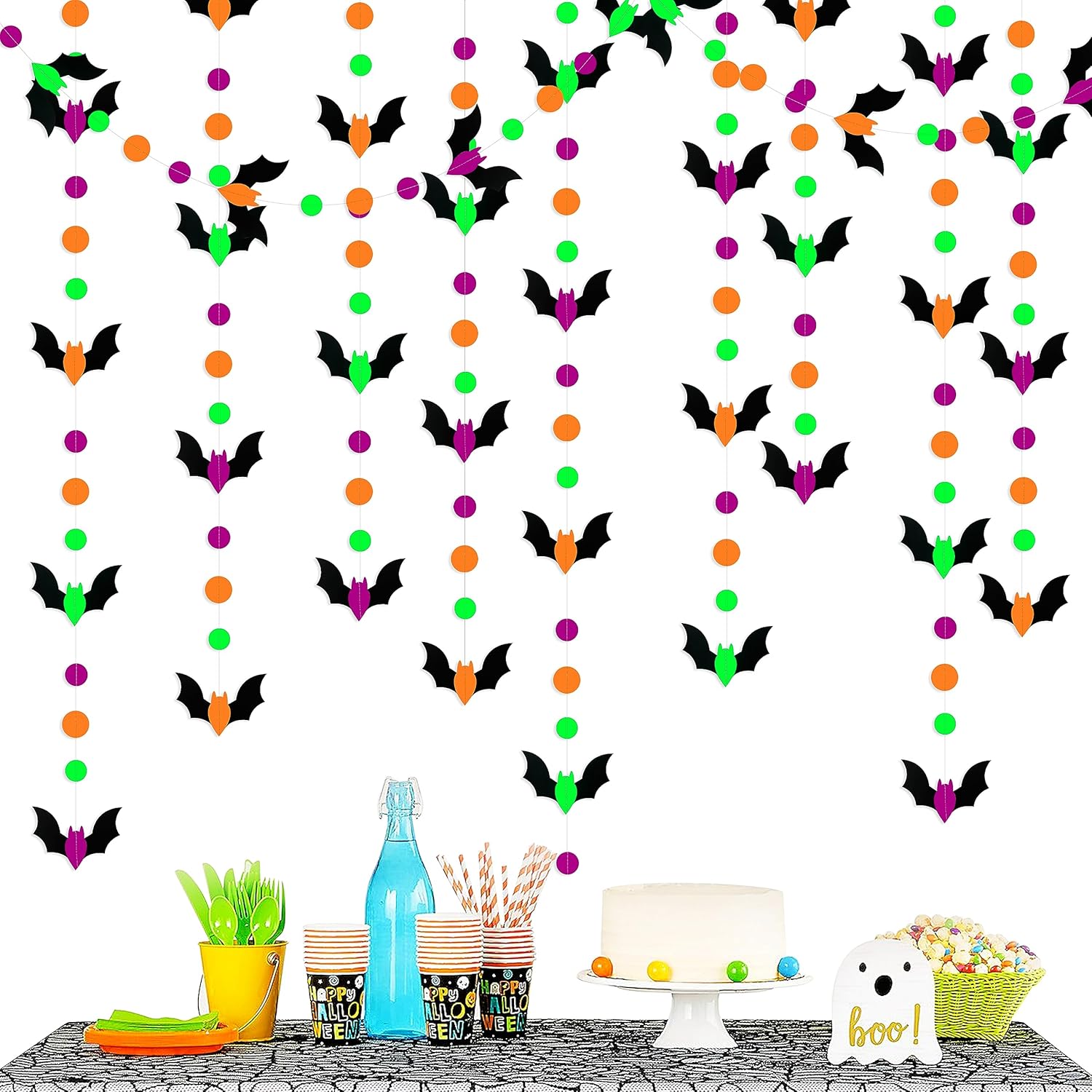 Guirnalda de murciélagos de Halloween de 65 pies, color naranja, morado, negro, verde, neón, banderines, banderines, serpentinas, círculos de luz