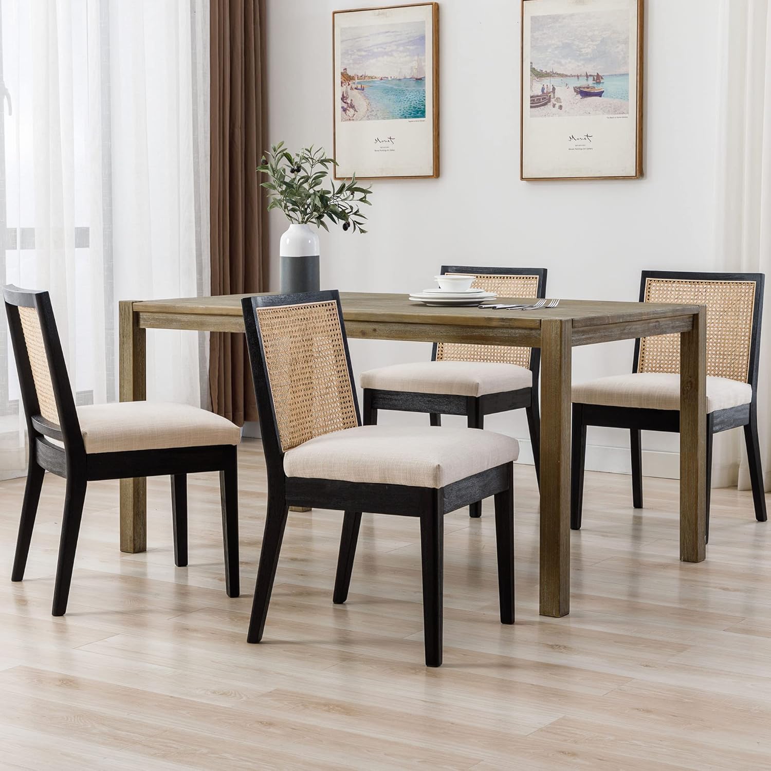 VESCASA Sillas de comedor tapizadas con respaldo cuadrado de ratán, sillas de comedor acolchadas de lino sin brazos con patas de madera para