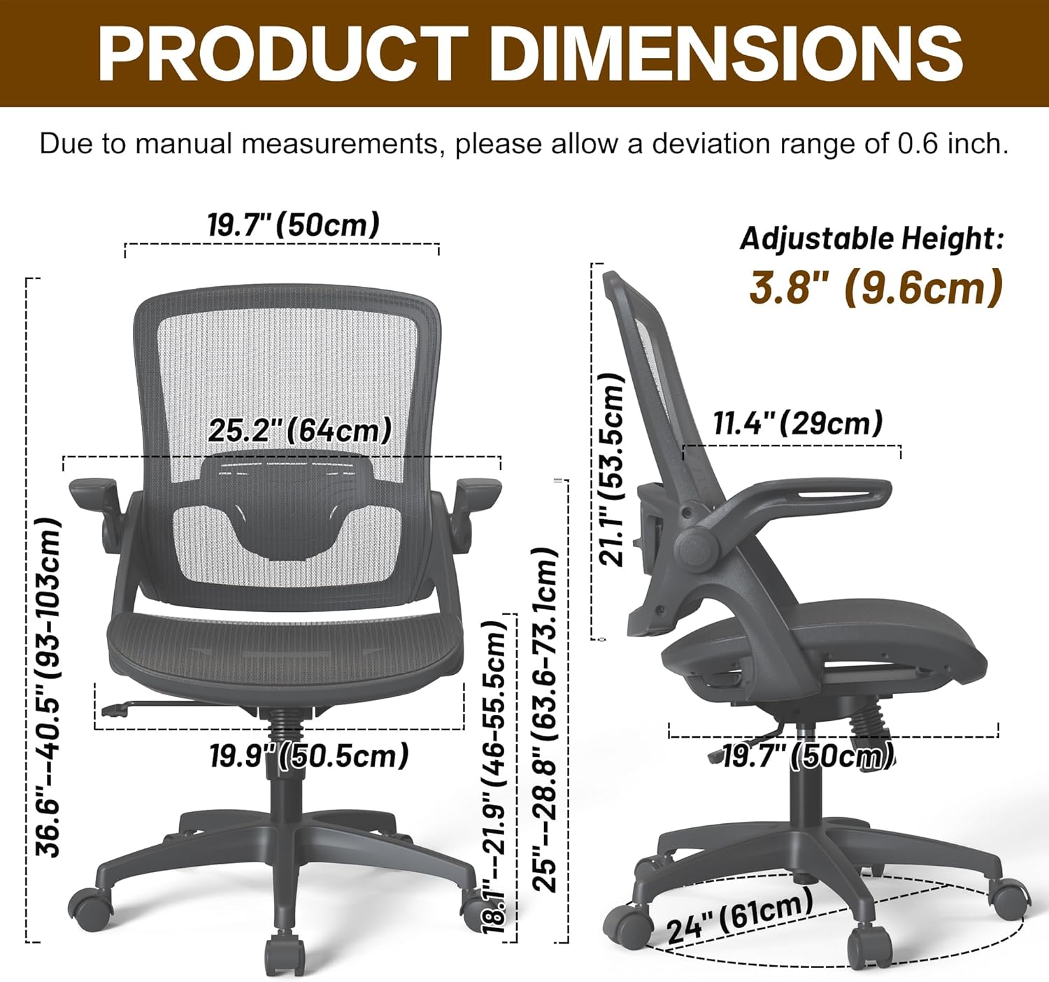 KOLLIEE Silla de oficina en casa de malla ergonómica giratoria con soporte lumbar ajustable, cómoda silla de computadora negra con brazos abatibles
