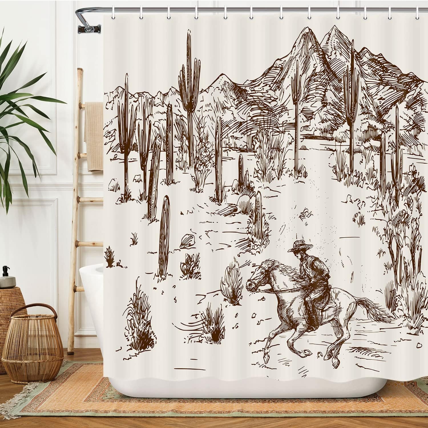 Cortina de ducha de vaquero occidental, cortinas de ducha de tela de cactus del desierto salvaje oeste americano para baño, juego de cortina de