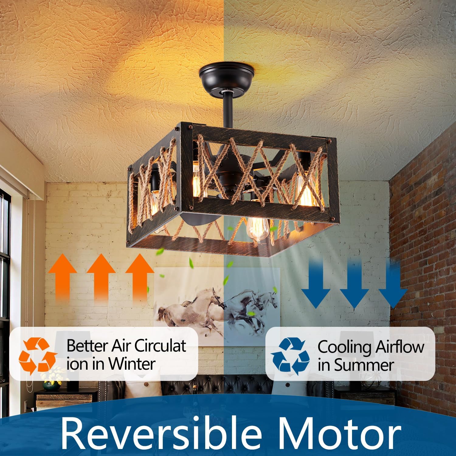 Ventilador de techo de cuerda de cáñamo con luz, ventilador de techo rústico de 4 luces con luces y control remoto, ventilador de techo para sala de