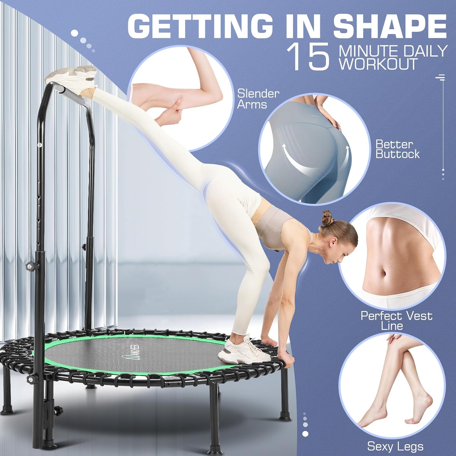 ANCHEER Mini trampolín plegable de 40 pulgadas para adultos, carga máxima de 450 libras, pequeño rebote elástico de fitness con barra de mango de