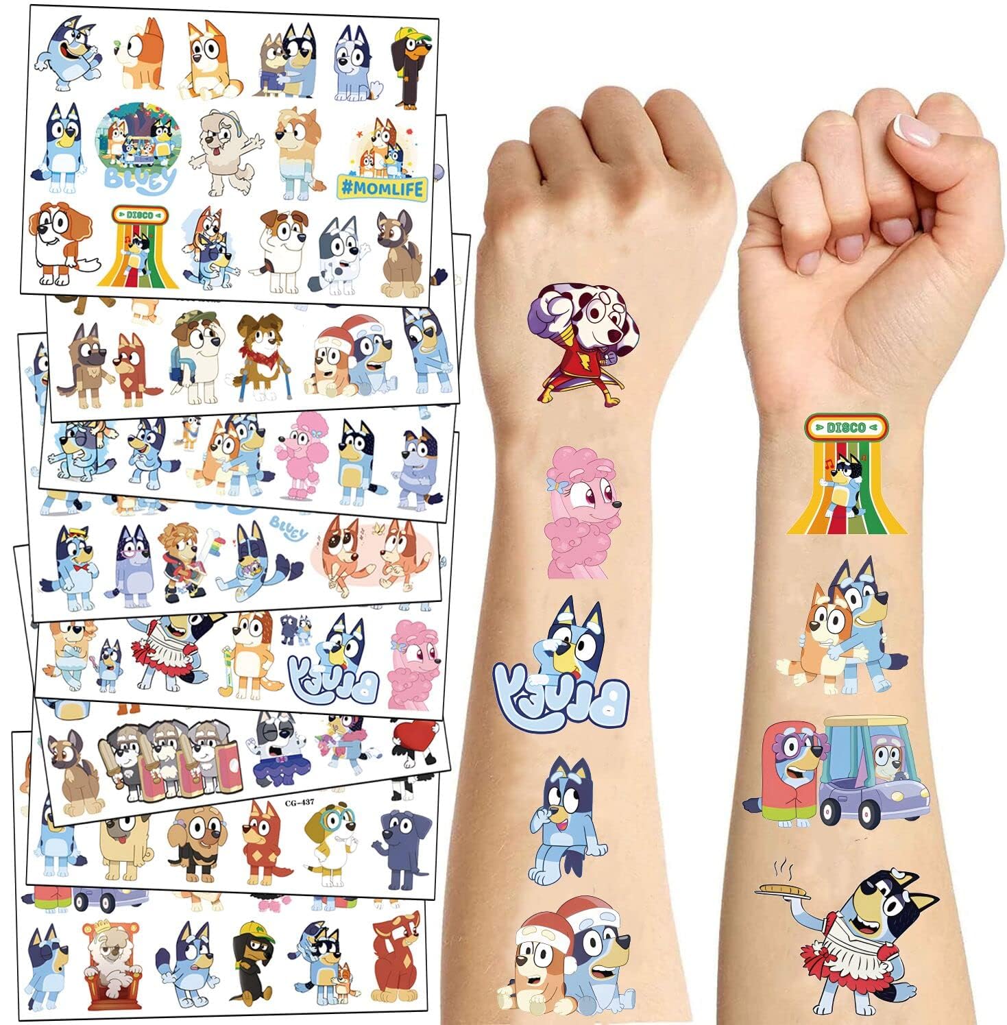8 hojas de calcomanías azules de tatuajes temporales, suministros de fiesta temática de cumpleaños azules, regalos de decoración de dibujos